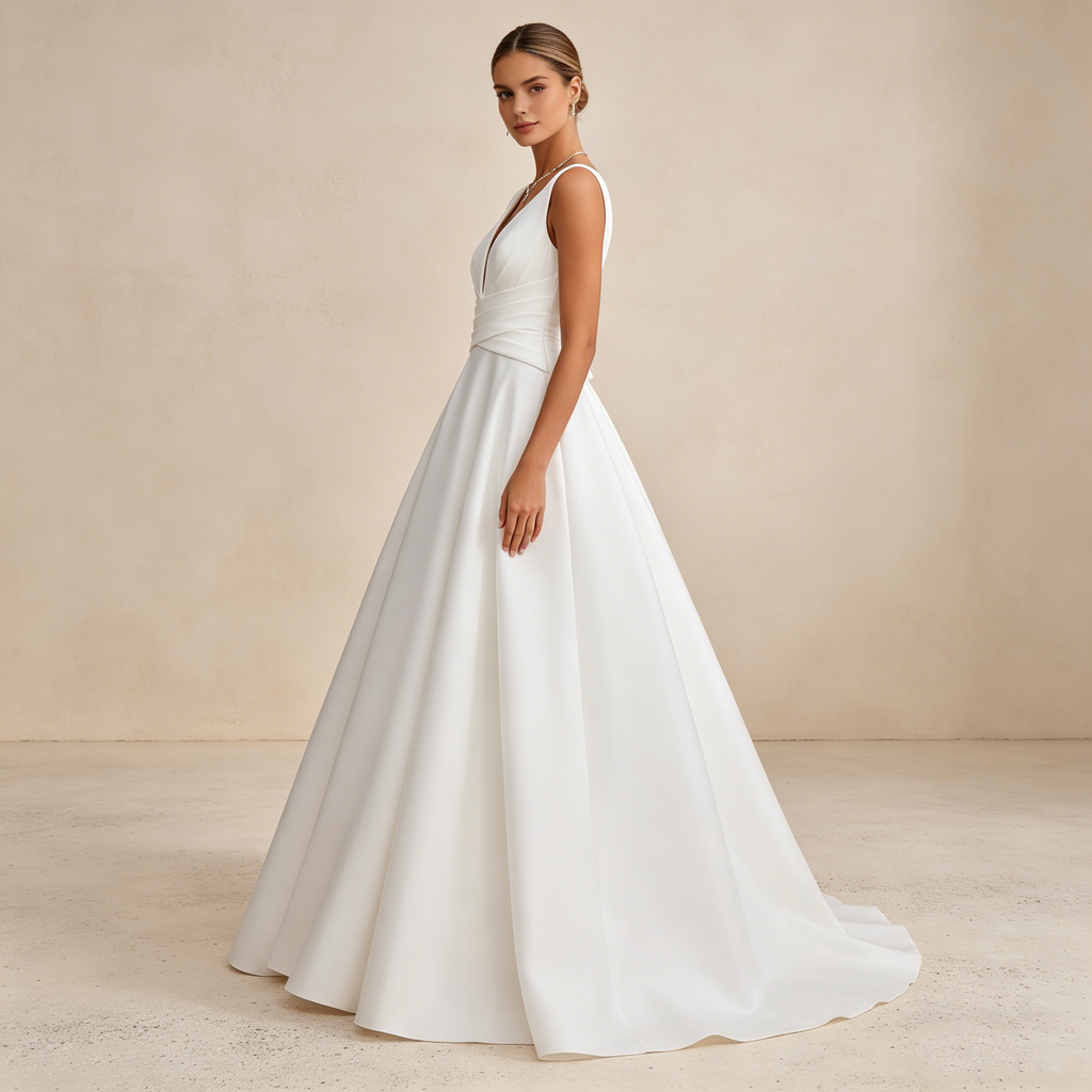 Elegantes Satin-Maxikleid mit V-Ausschnitt – Ärmelloses Abendkleid in Elfenbein mit Taillendrapierung und A-Linie
