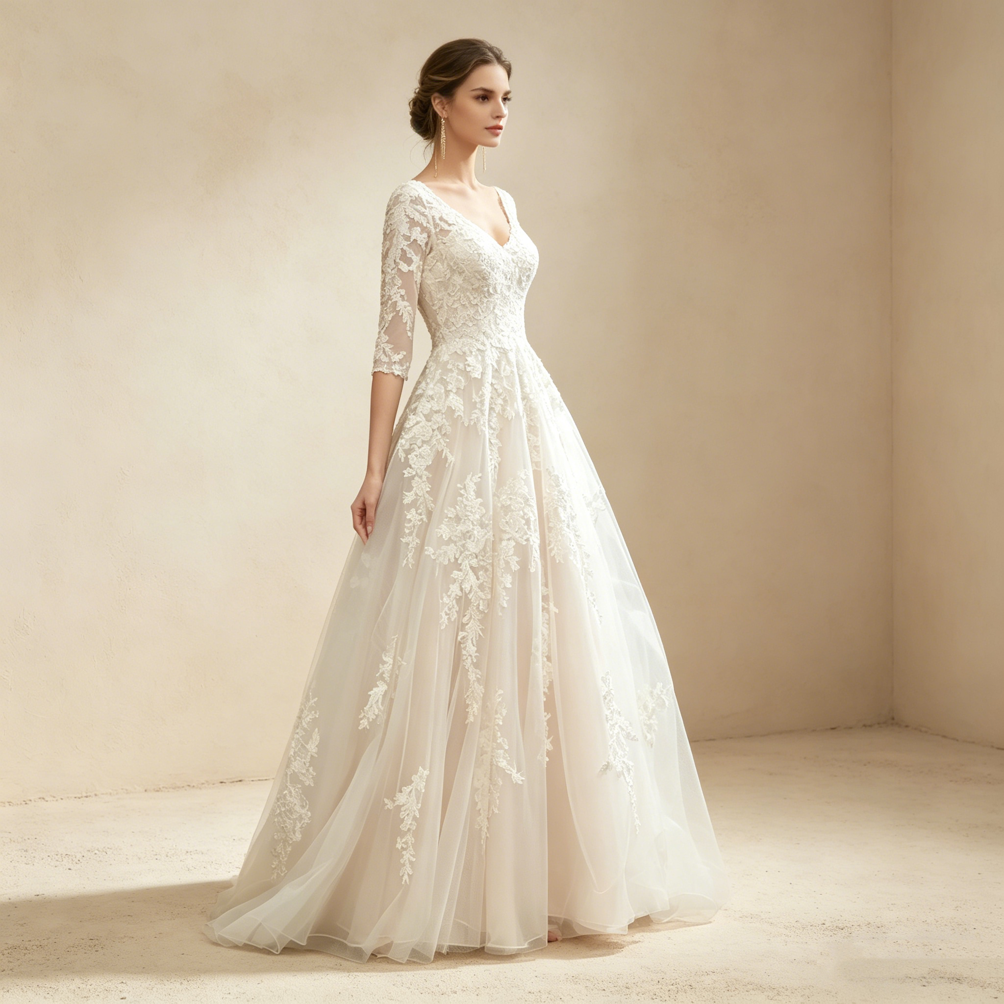 Exquisites Besticktes Maxikleid mit 3/4-Ärmeln – Bodenlanges Abendkleid in Elfenbein mit V-Ausschnitt und Tüllrock