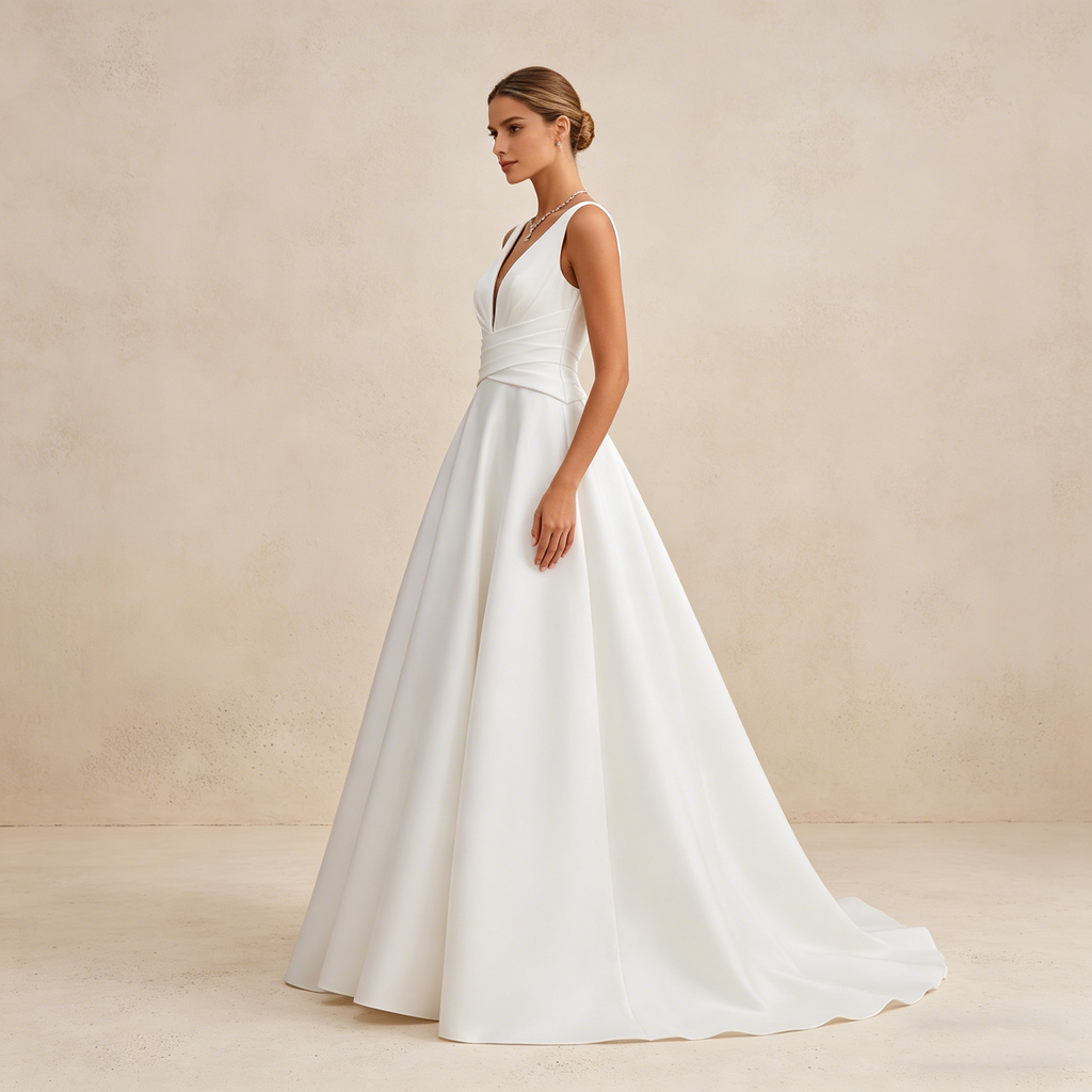 Elegantes Satin-Maxikleid mit V-Ausschnitt – Ärmelloses Abendkleid in Elfenbein mit Taillendrapierung und A-Linie