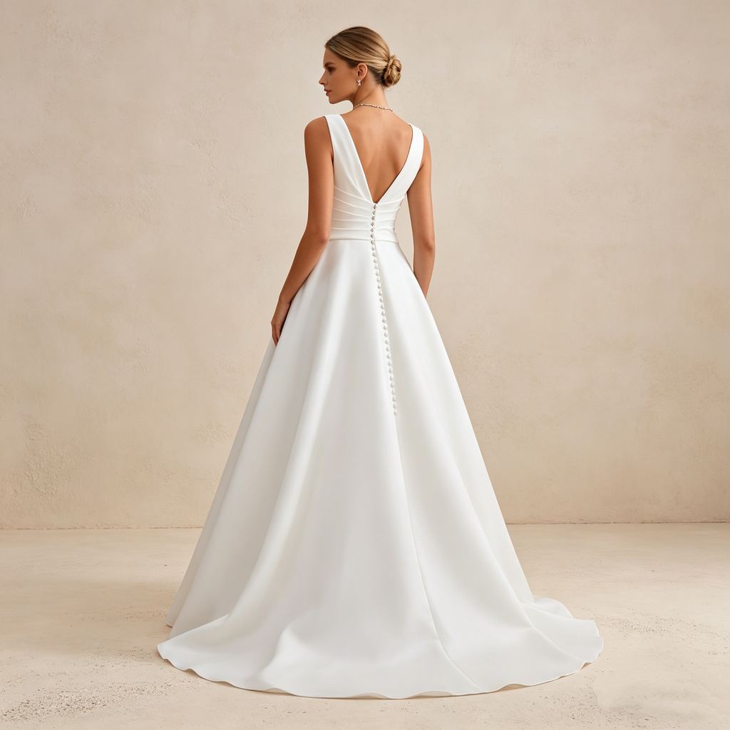 Elegantes Satin-Maxikleid mit V-Ausschnitt – Ärmelloses Abendkleid in Elfenbein mit Taillendrapierung und A-Linie