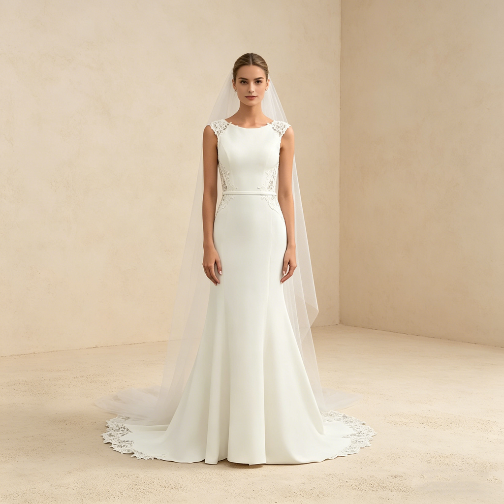 Elegantes Etuikleid mit Spitzenbesatz und Schleppe – Figurbetontes Maxikleid in Elfenbeinfarben