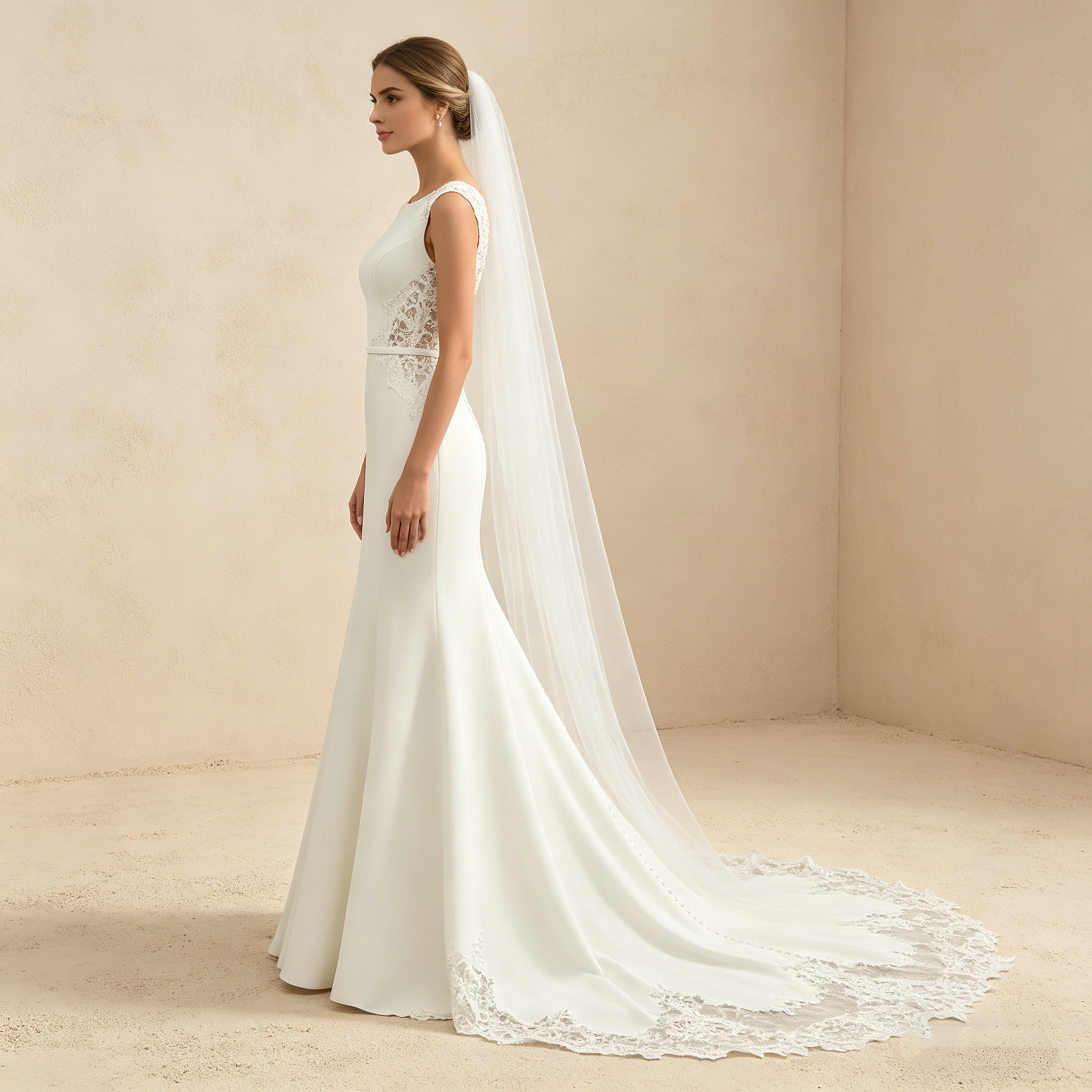 Elegantes Etuikleid mit Spitzenbesatz und Schleppe – Figurbetontes Maxikleid in Elfenbeinfarben