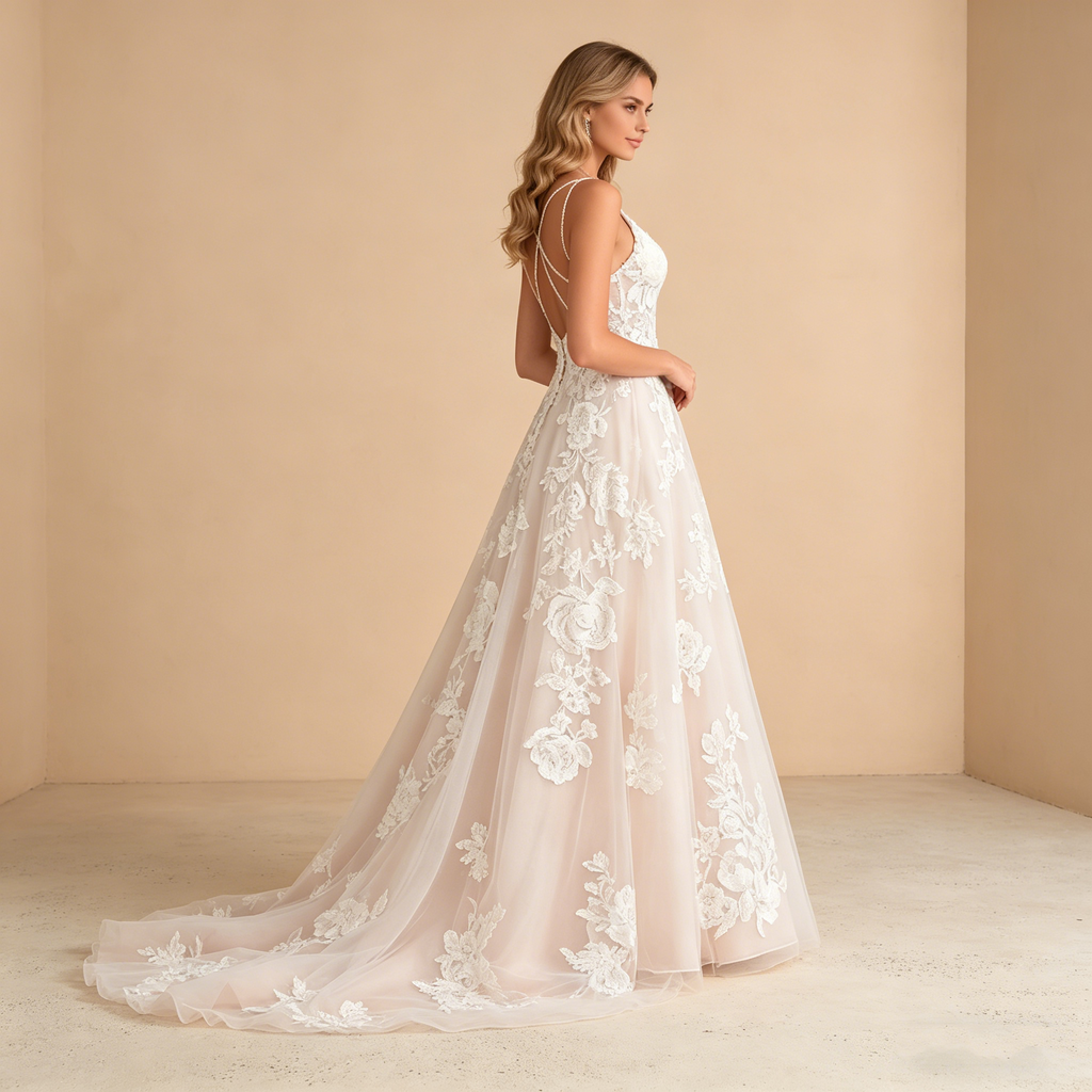 Exquisites Besticktes Maxikleid in Elfenbein – Ärmelloses Abendkleid mit Filigranen Spitzenapplikationen und V-Ausschnitt