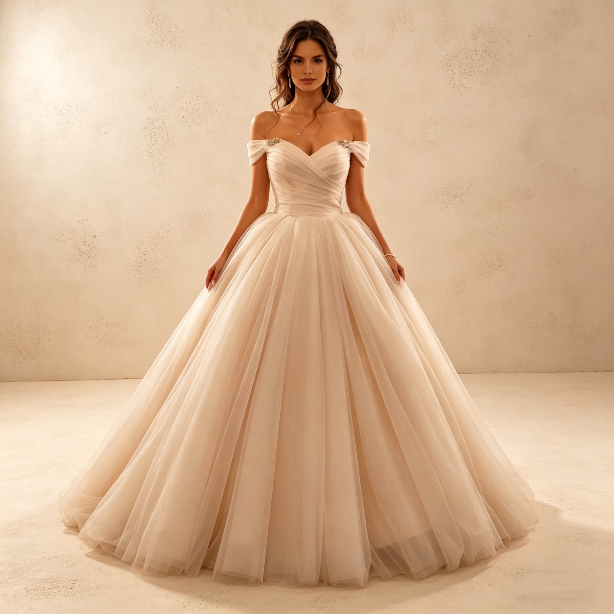 Elegantes Off-Shoulder Maxikleid in Elfenbein – Bodenlanges Abendkleid aus feinstem Tüll mit Herzausschnitt