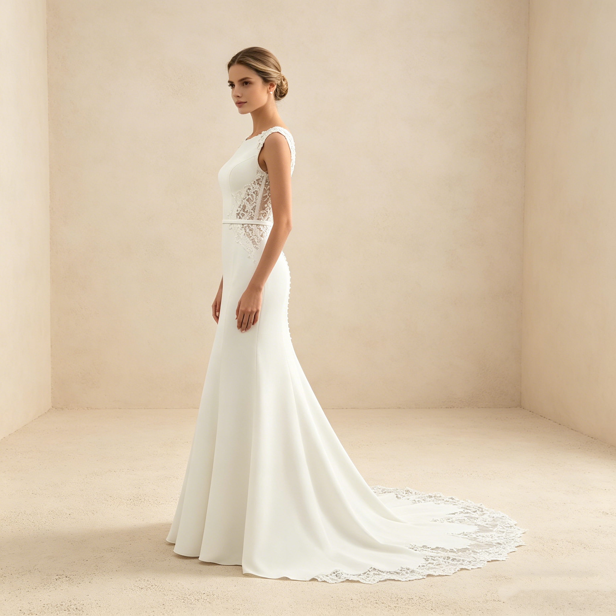 Elegantes Etuikleid mit Spitzenbesatz und Schleppe – Figurbetontes Maxikleid in Elfenbeinfarben