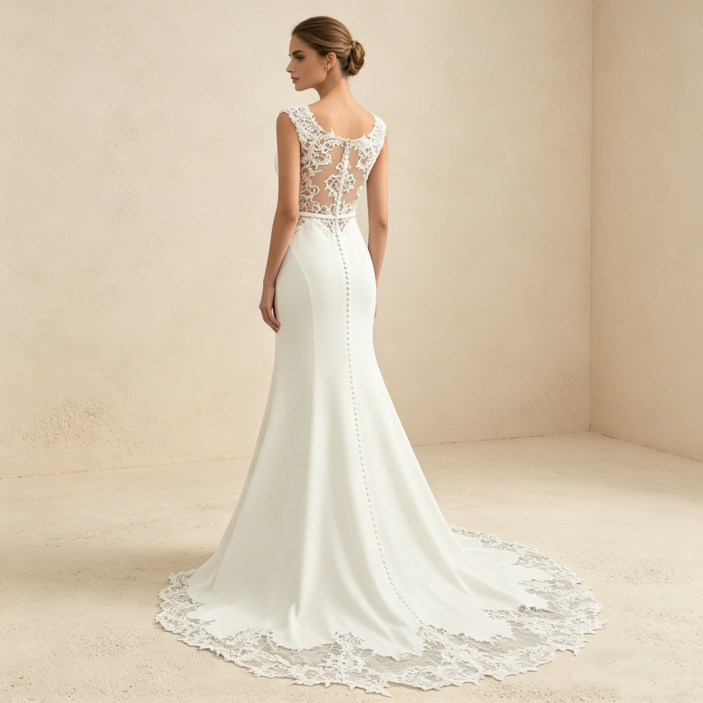 Elegantes Etuikleid mit Spitzenbesatz und Schleppe – Figurbetontes Maxikleid in Elfenbeinfarben