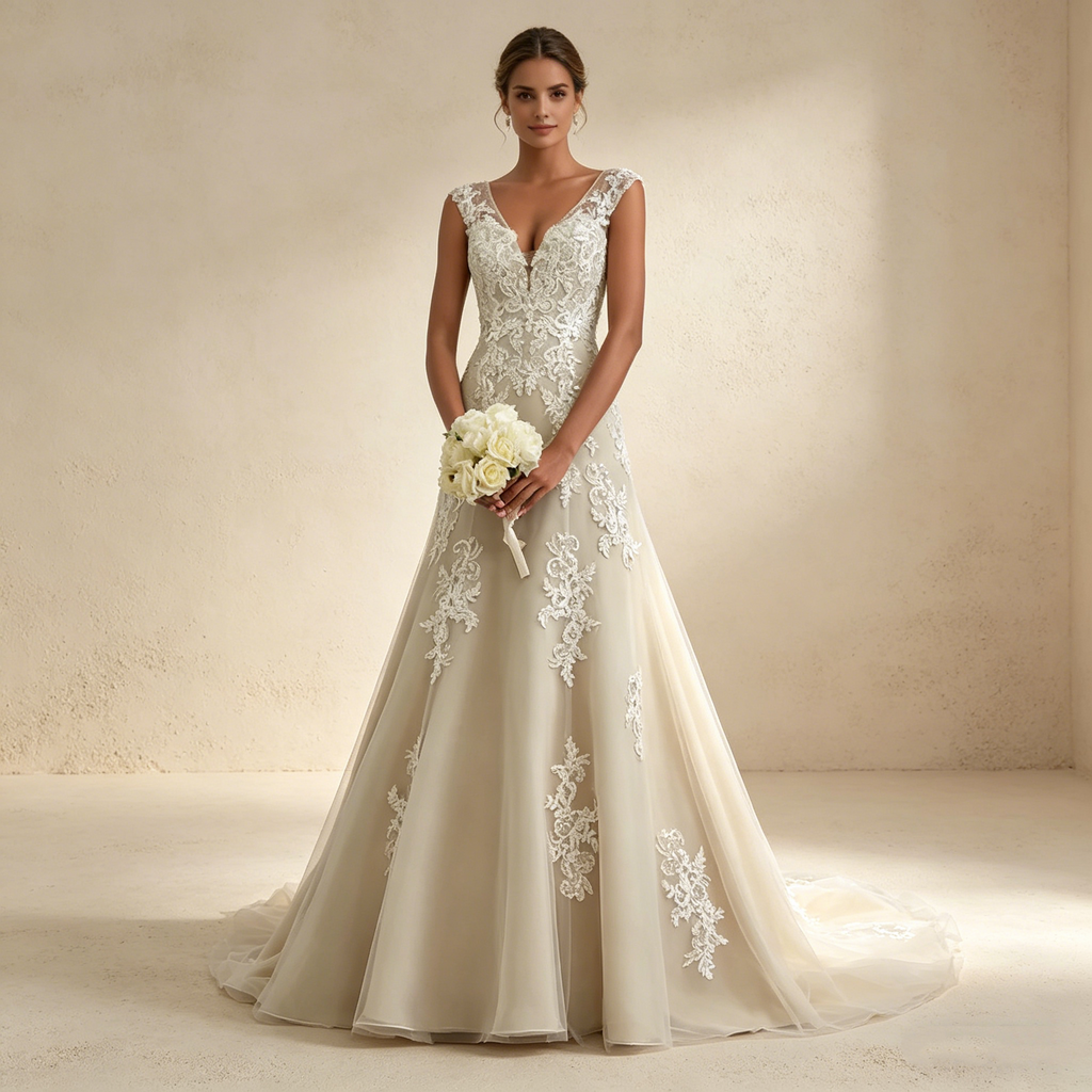 Elegantes Maxikleid in A-Linie mit floraler Spitze und V-Ausschnitt – Bodenlanges Abendkleid in Champagner