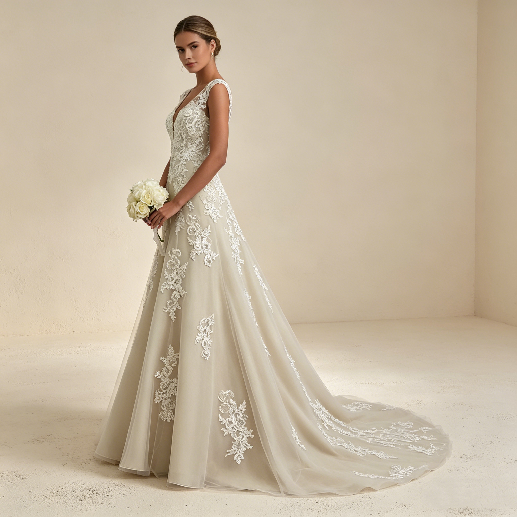 Elegantes Maxikleid in A-Linie mit floraler Spitze und V-Ausschnitt – Bodenlanges Abendkleid in Champagner