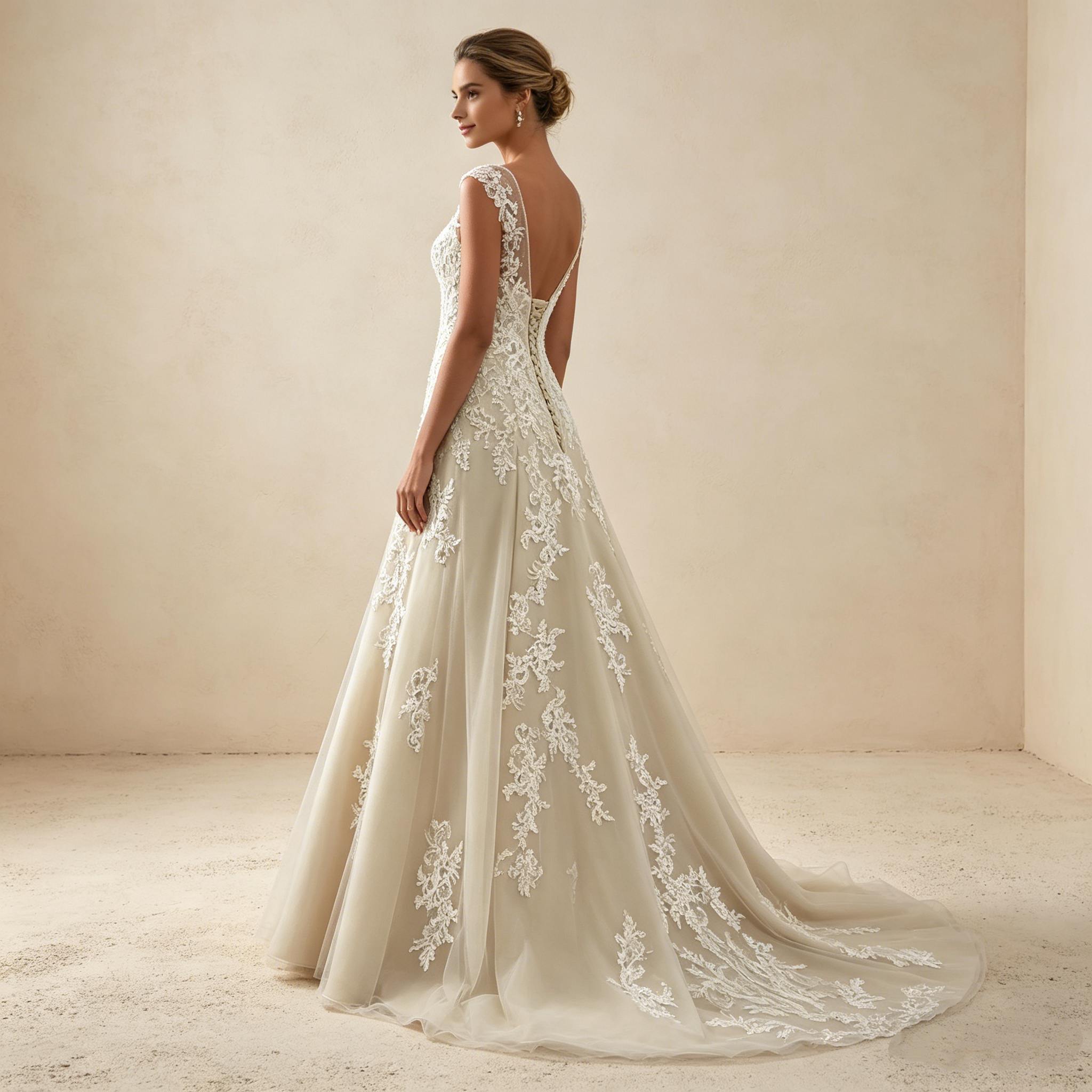 Elegantes Maxikleid in A-Linie mit floraler Spitze und V-Ausschnitt – Bodenlanges Abendkleid in Champagner