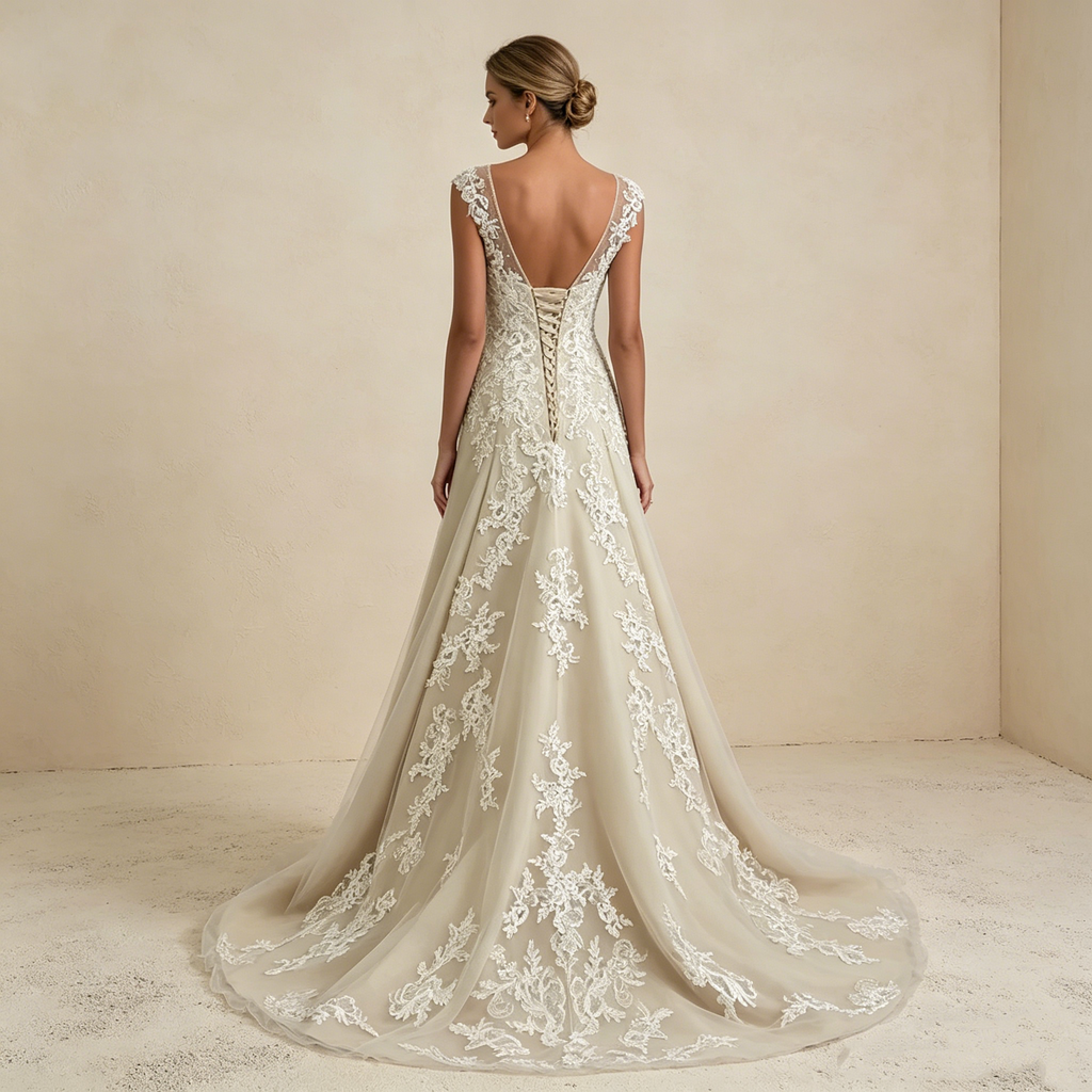 Elegantes Maxikleid in A-Linie mit floraler Spitze und V-Ausschnitt – Bodenlanges Abendkleid in Champagner