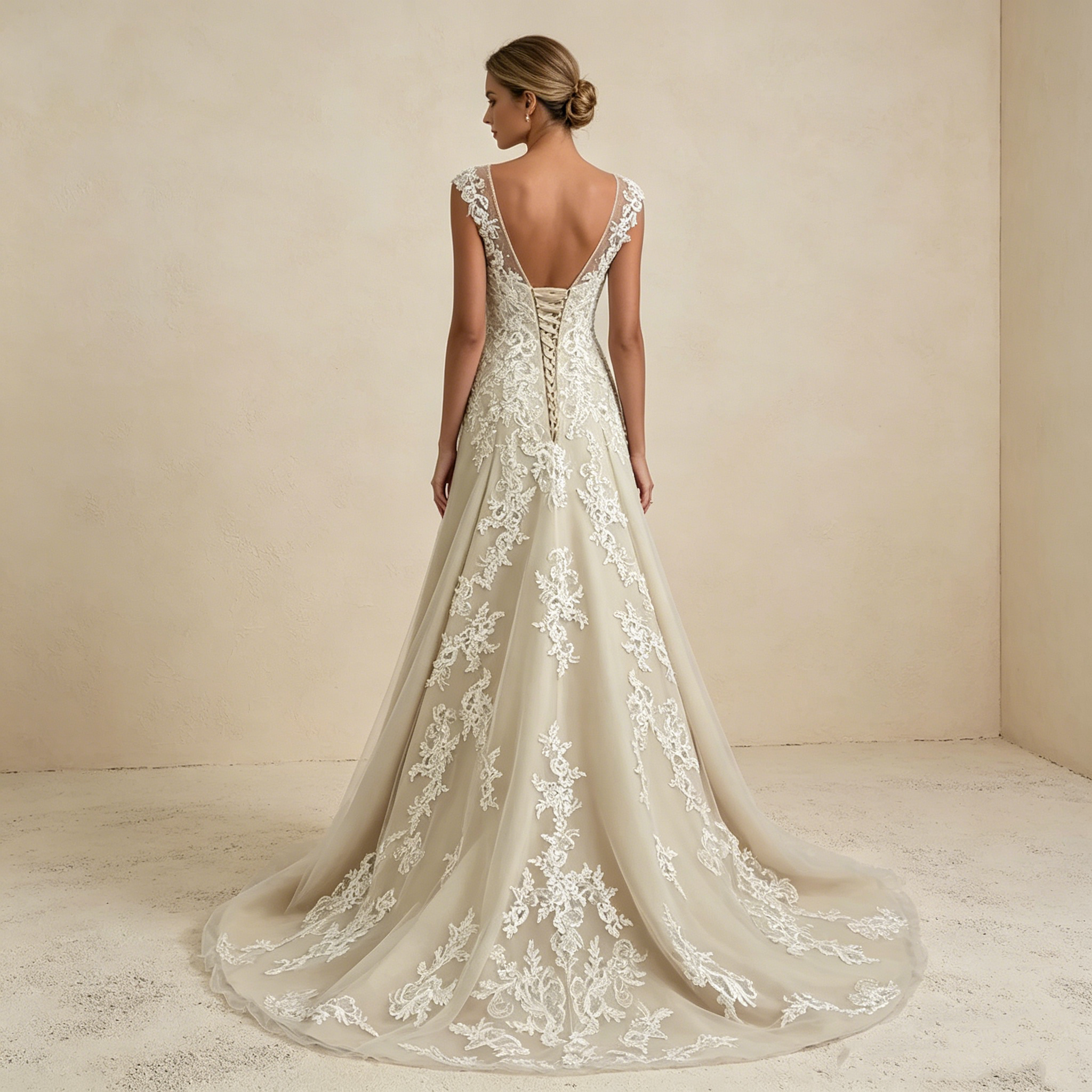 Elegantes Maxikleid in A-Linie mit floraler Spitze und V-Ausschnitt – Bodenlanges Abendkleid in Champagner