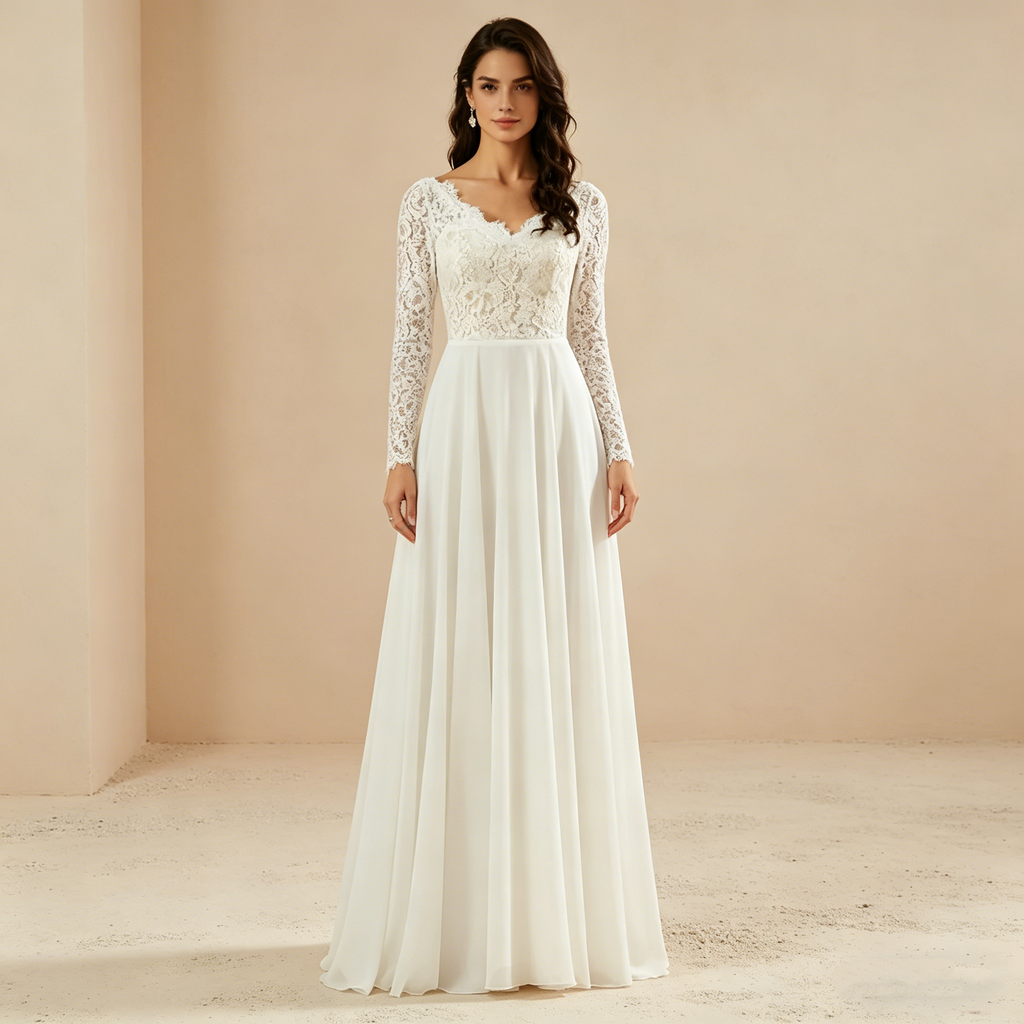 Langärmeliges Maxikleid mit floraler Spitze und fließendem Chiffon-Rock – Elegantes Abendkleid in Elfenbein