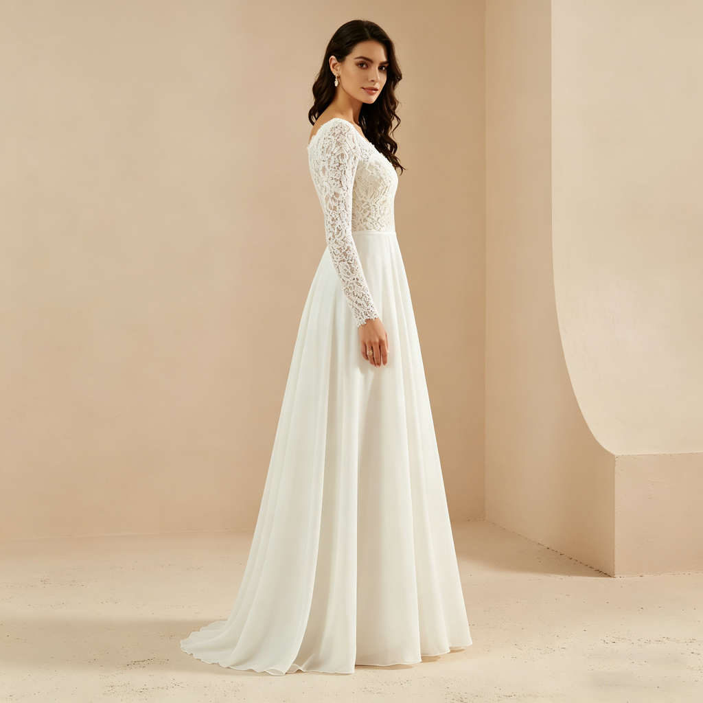 Langärmeliges Maxikleid mit floraler Spitze und fließendem Chiffon-Rock – Elegantes Abendkleid in Elfenbein