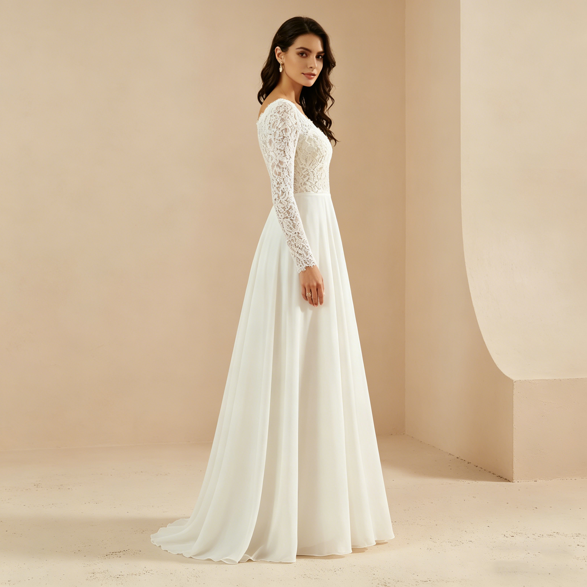 Langärmeliges Maxikleid mit floraler Spitze und fließendem Chiffon-Rock – Elegantes Abendkleid in Elfenbein