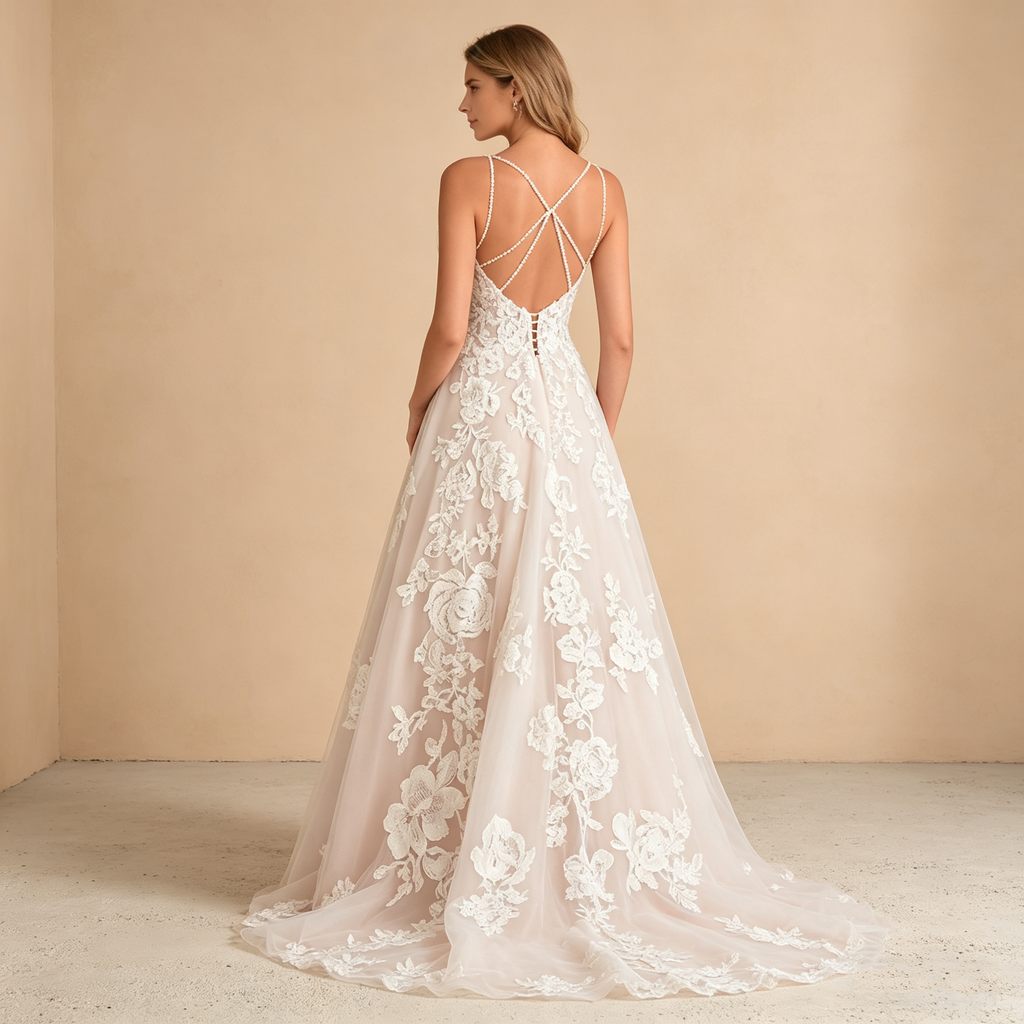 Exquisites Besticktes Maxikleid in Elfenbein – Ärmelloses Abendkleid mit Filigranen Spitzenapplikationen und V-Ausschnitt