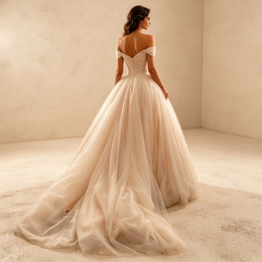 Elegantes Off-Shoulder Maxikleid in Elfenbein – Bodenlanges Abendkleid aus feinstem Tüll mit Herzausschnitt
