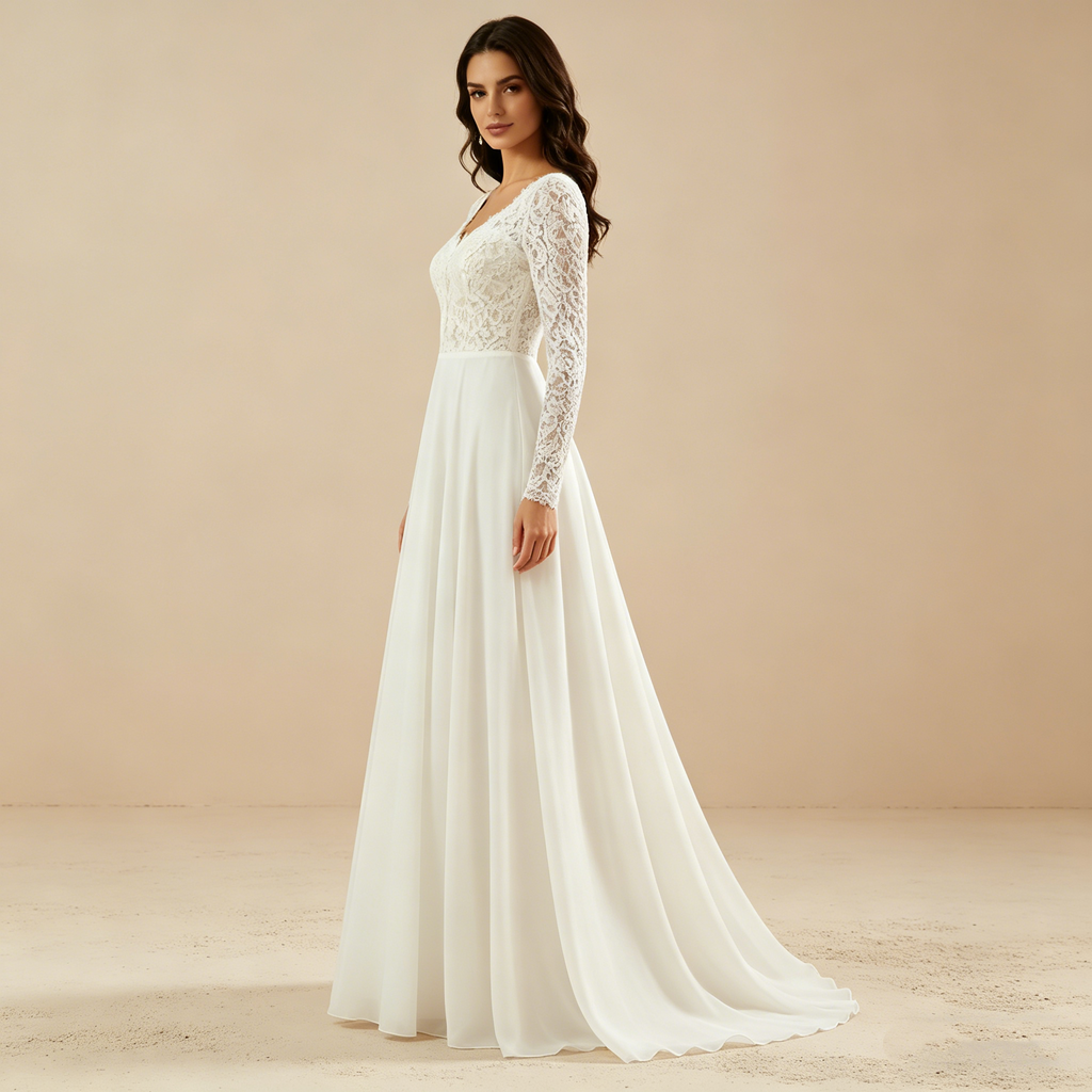 Langärmeliges Maxikleid mit floraler Spitze und fließendem Chiffon-Rock – Elegantes Abendkleid in Elfenbein