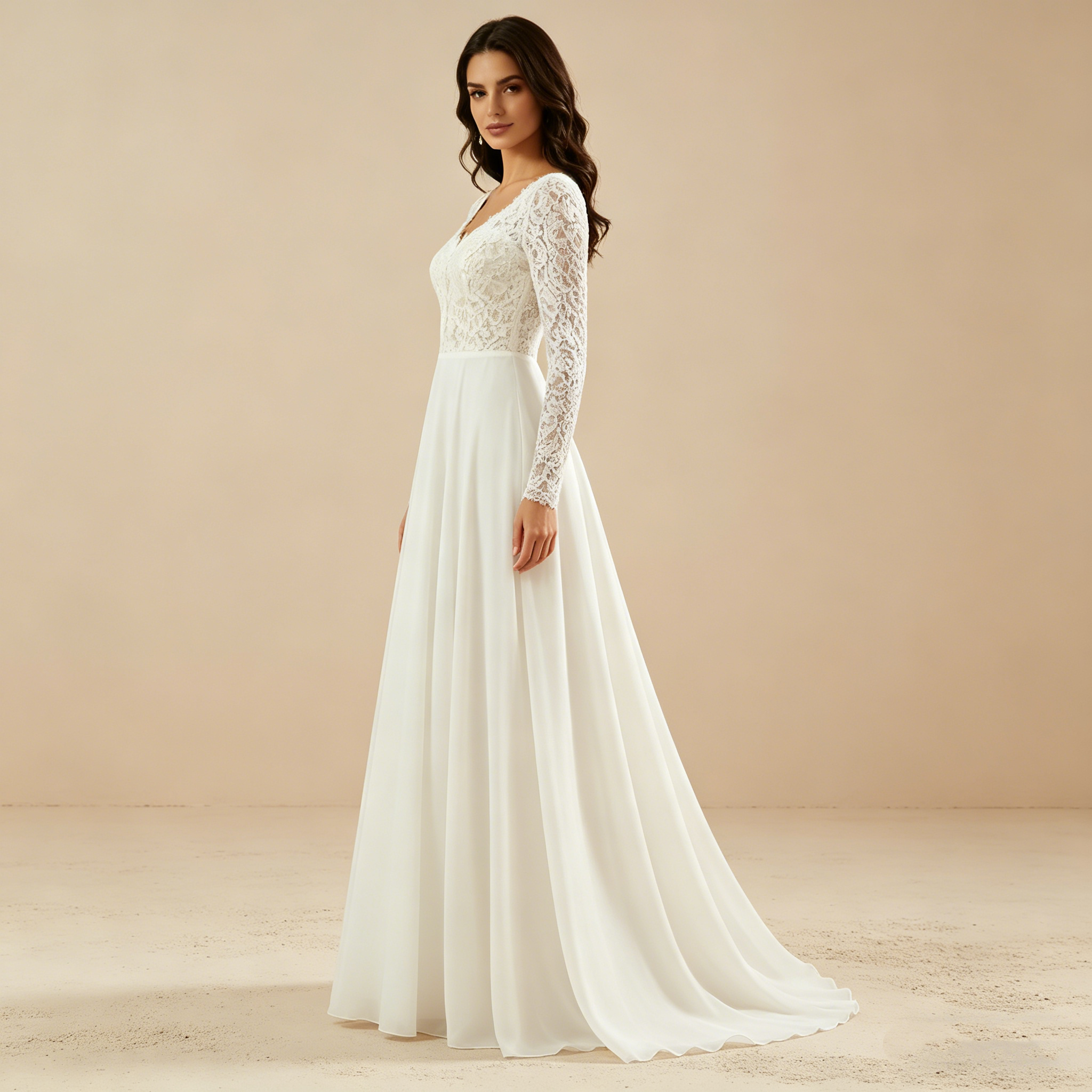 Langärmeliges Maxikleid mit floraler Spitze und fließendem Chiffon-Rock – Elegantes Abendkleid in Elfenbein