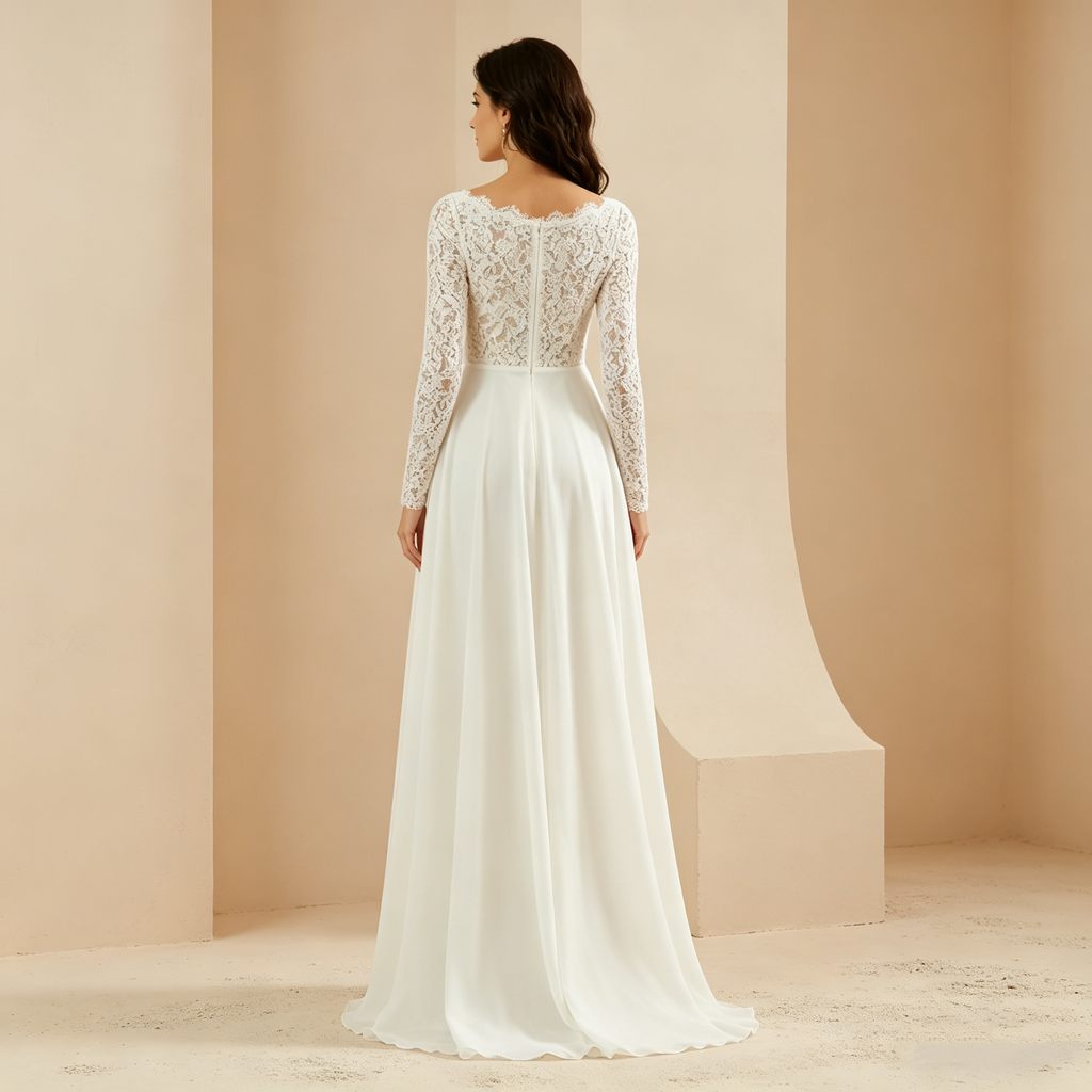 Langärmeliges Maxikleid mit floraler Spitze und fließendem Chiffon-Rock – Elegantes Abendkleid in Elfenbein