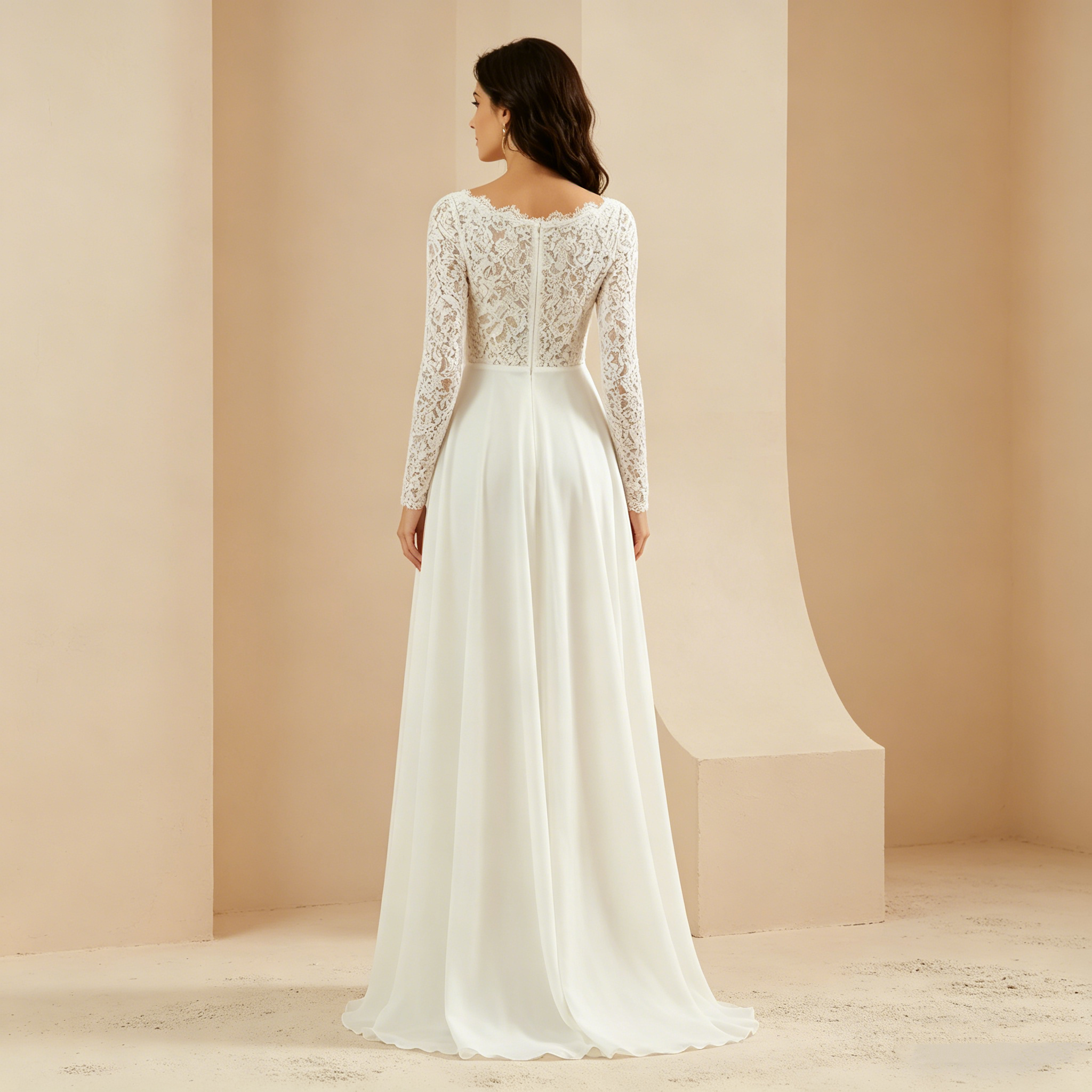 Langärmeliges Maxikleid mit floraler Spitze und fließendem Chiffon-Rock – Elegantes Abendkleid in Elfenbein