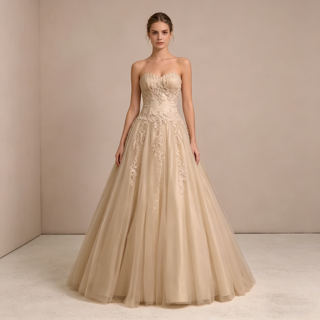 Trägerloses Ballkleid mit Herz-Ausschnitt und luxuriöser Stickerei – Bodenlanges Abendkleid in Champagner-Gold