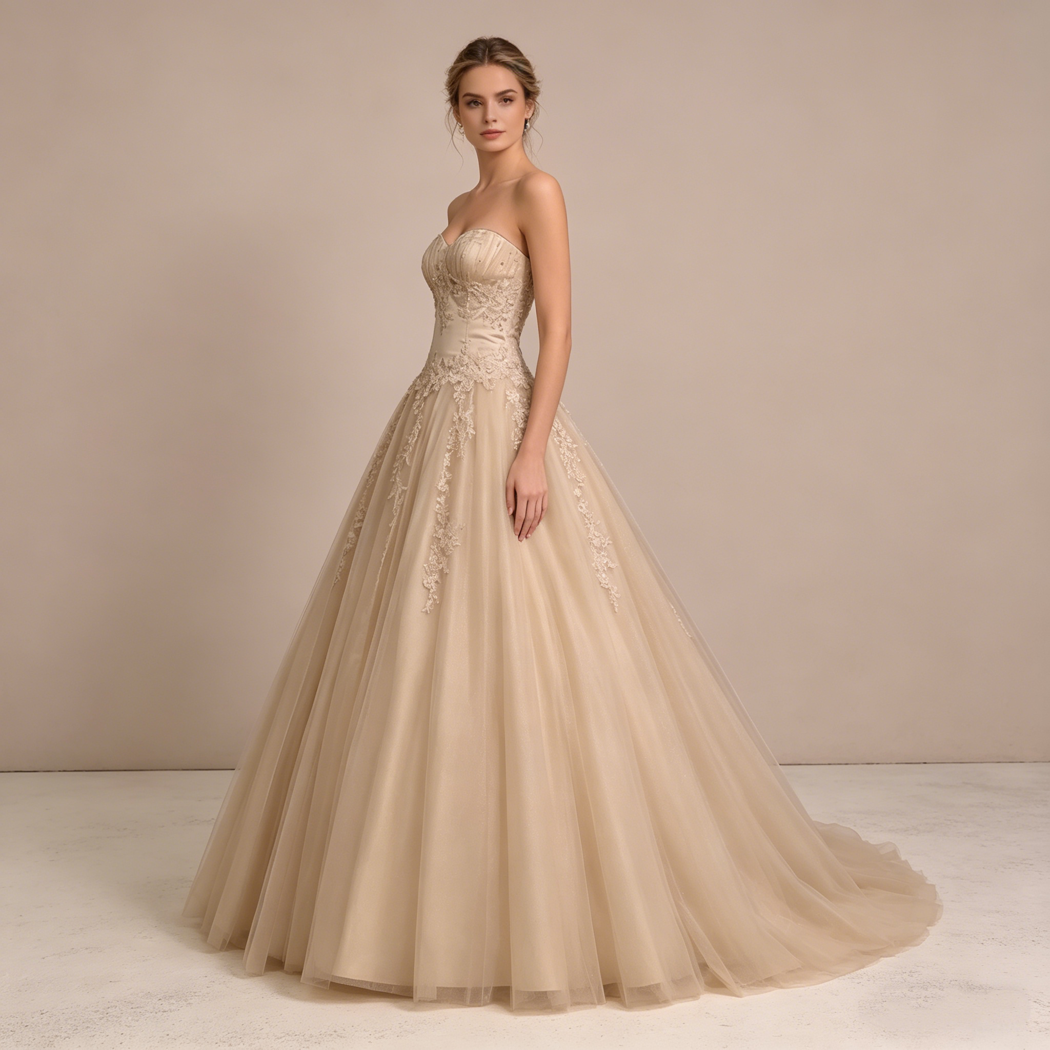 Trägerloses Ballkleid mit Herz-Ausschnitt und luxuriöser Stickerei – Bodenlanges Abendkleid in Champagner-Gold