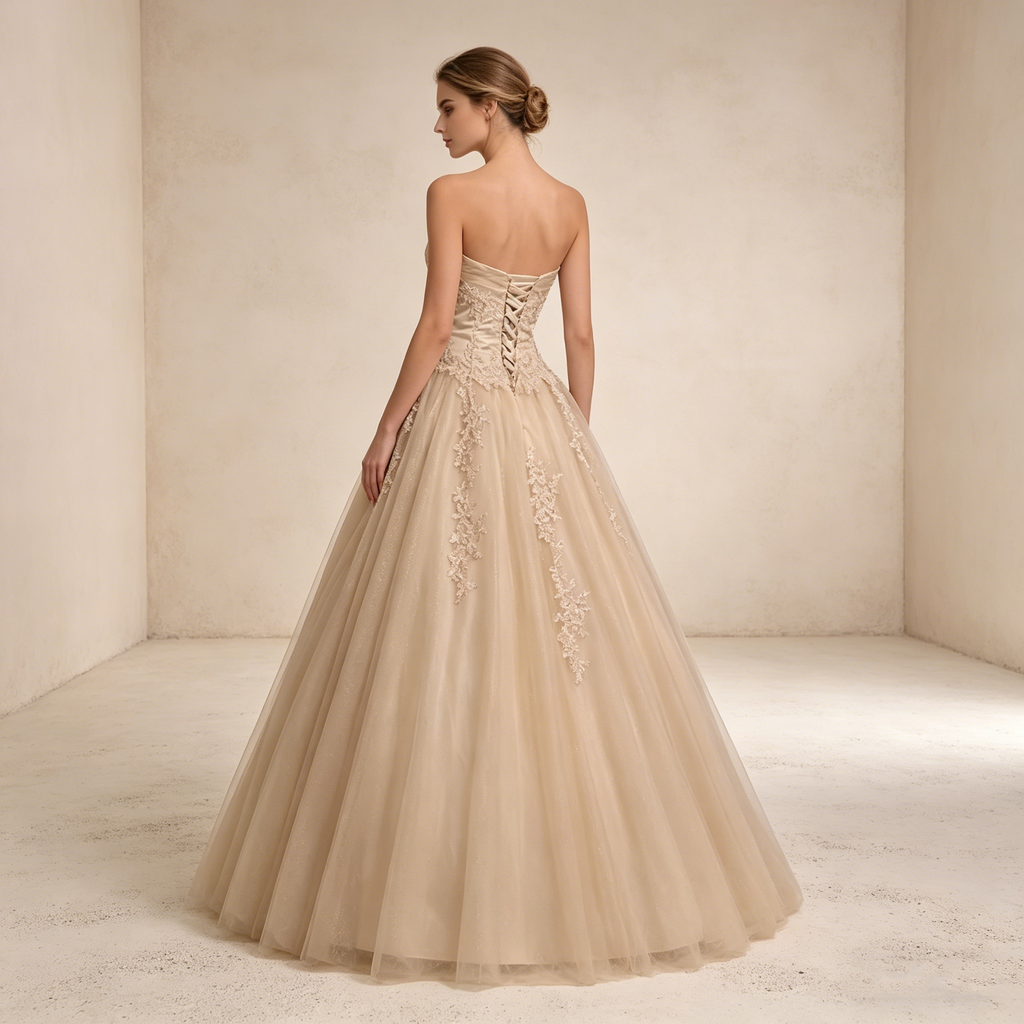 Trägerloses Ballkleid mit Herz-Ausschnitt und luxuriöser Stickerei – Bodenlanges Abendkleid in Champagner-Gold