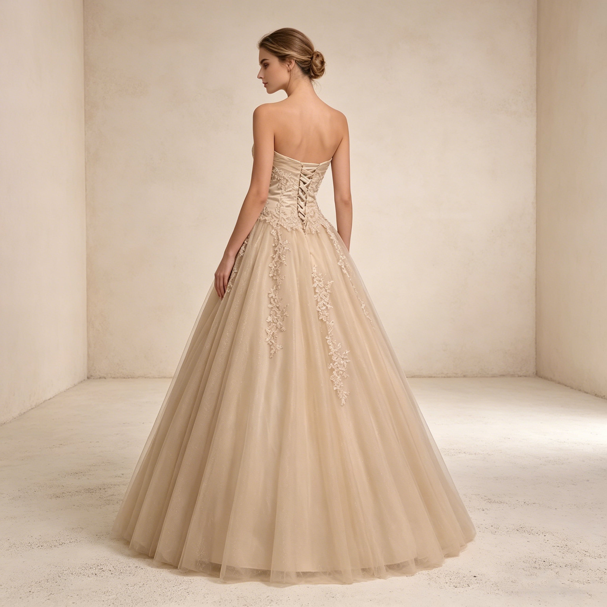 Trägerloses Ballkleid mit Herz-Ausschnitt und luxuriöser Stickerei – Bodenlanges Abendkleid in Champagner-Gold