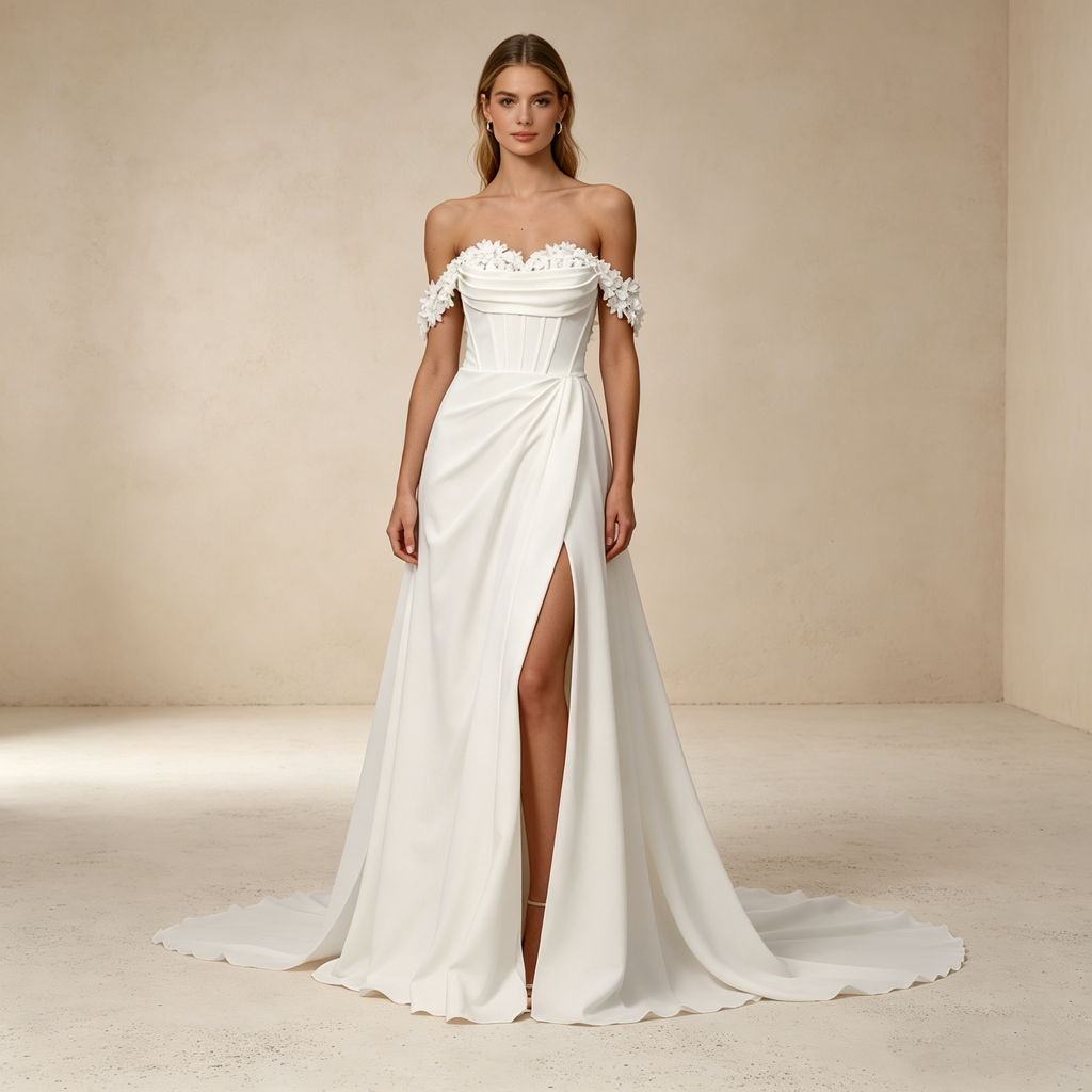 Schulterfreies Maxikleid mit 3D-Blumenapplikationen und Beinschlitz – Elegantes Korsett-Abendkleid in Elfenbein