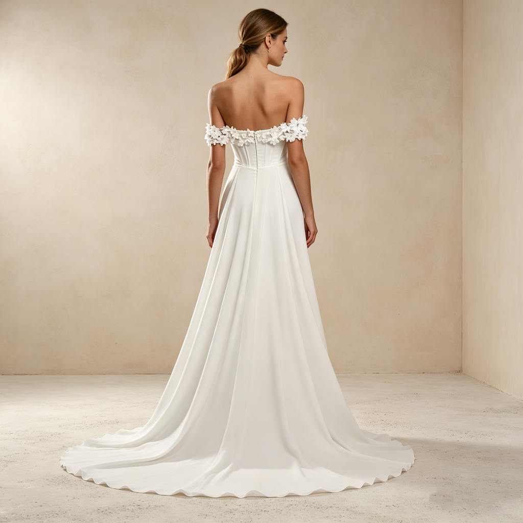 Schulterfreies Maxikleid mit 3D-Blumenapplikationen und Beinschlitz – Elegantes Korsett-Abendkleid in Elfenbein