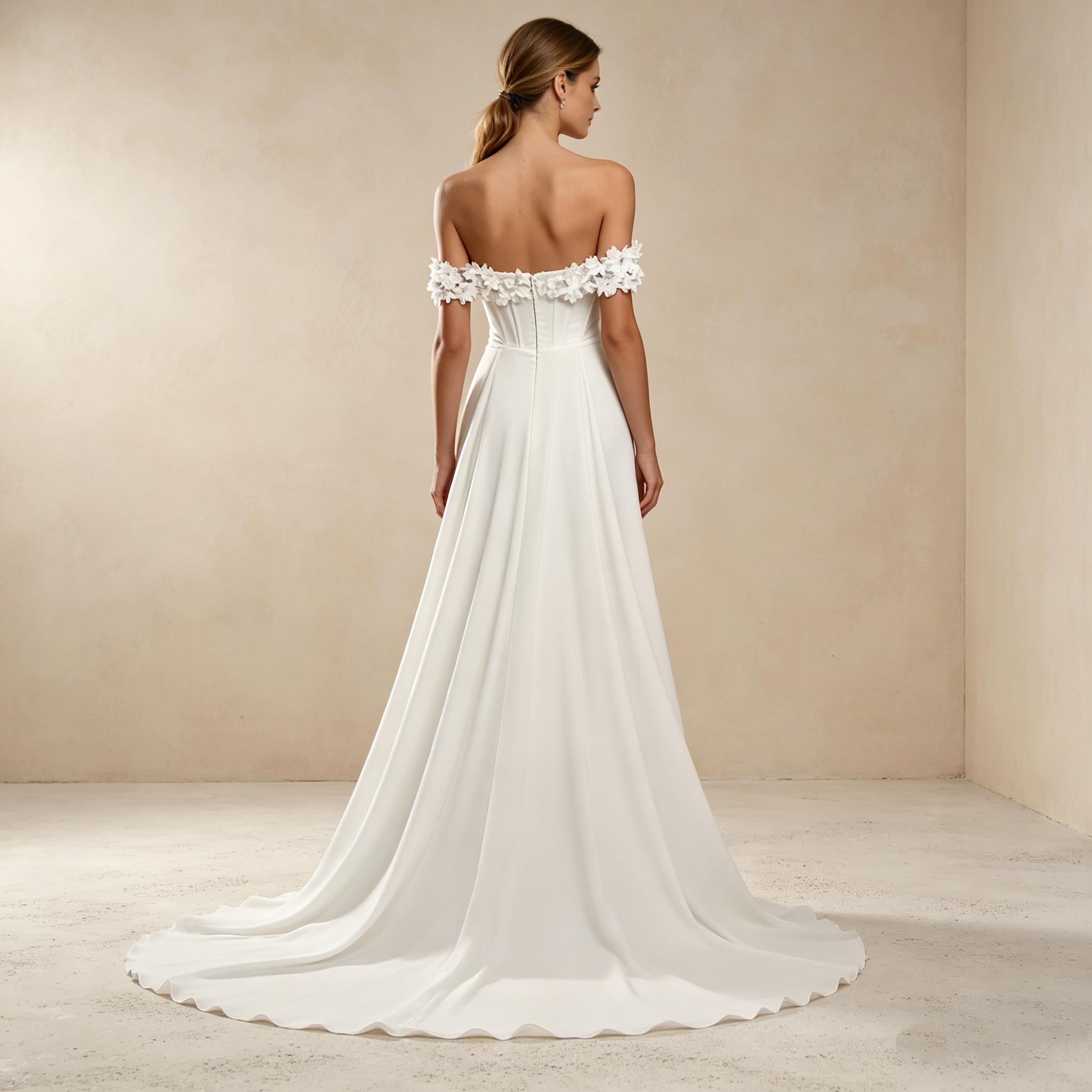 Schulterfreies Maxikleid mit 3D-Blumenapplikationen und Beinschlitz – Elegantes Korsett-Abendkleid in Elfenbein