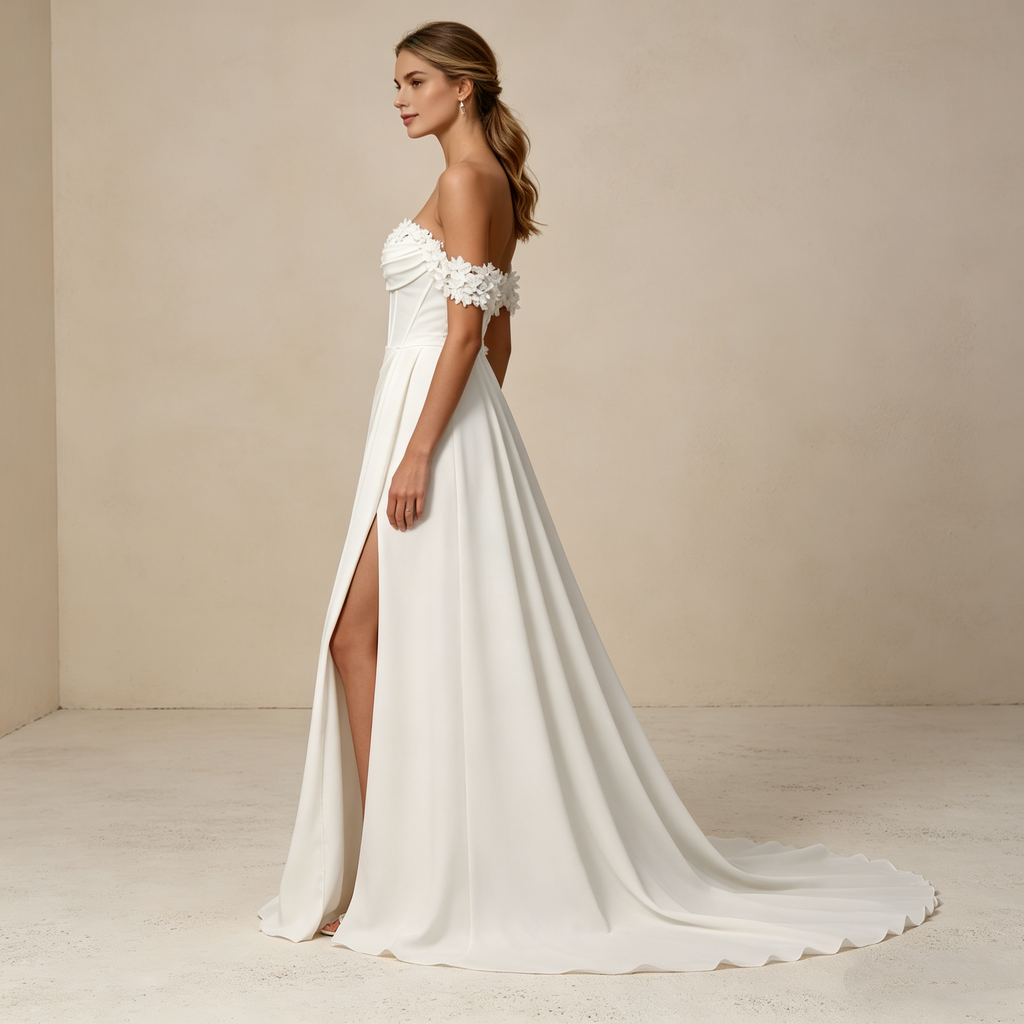 Schulterfreies Maxikleid mit 3D-Blumenapplikationen und Beinschlitz – Elegantes Korsett-Abendkleid in Elfenbein