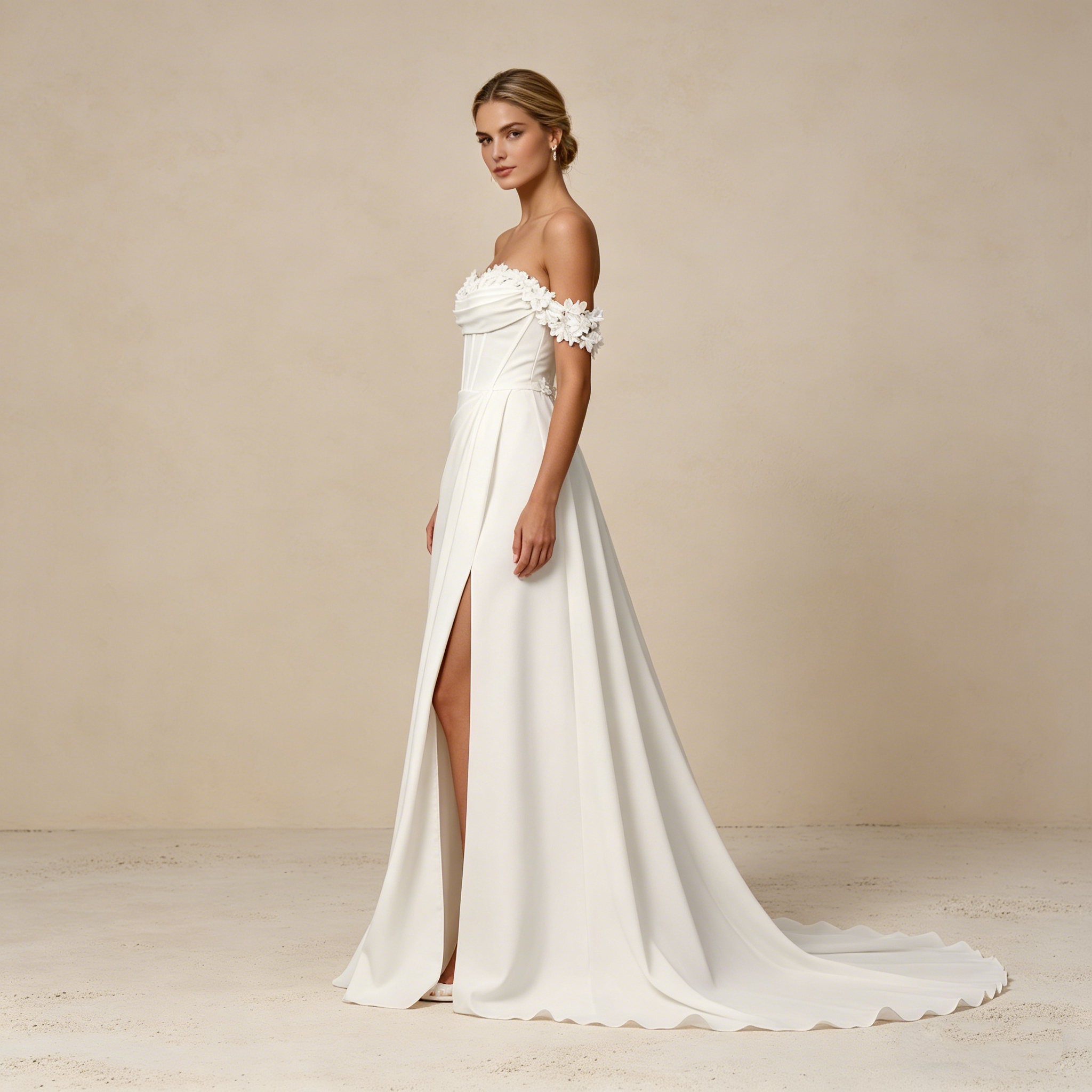 Schulterfreies Maxikleid mit 3D-Blumenapplikationen und Beinschlitz – Elegantes Korsett-Abendkleid in Elfenbein