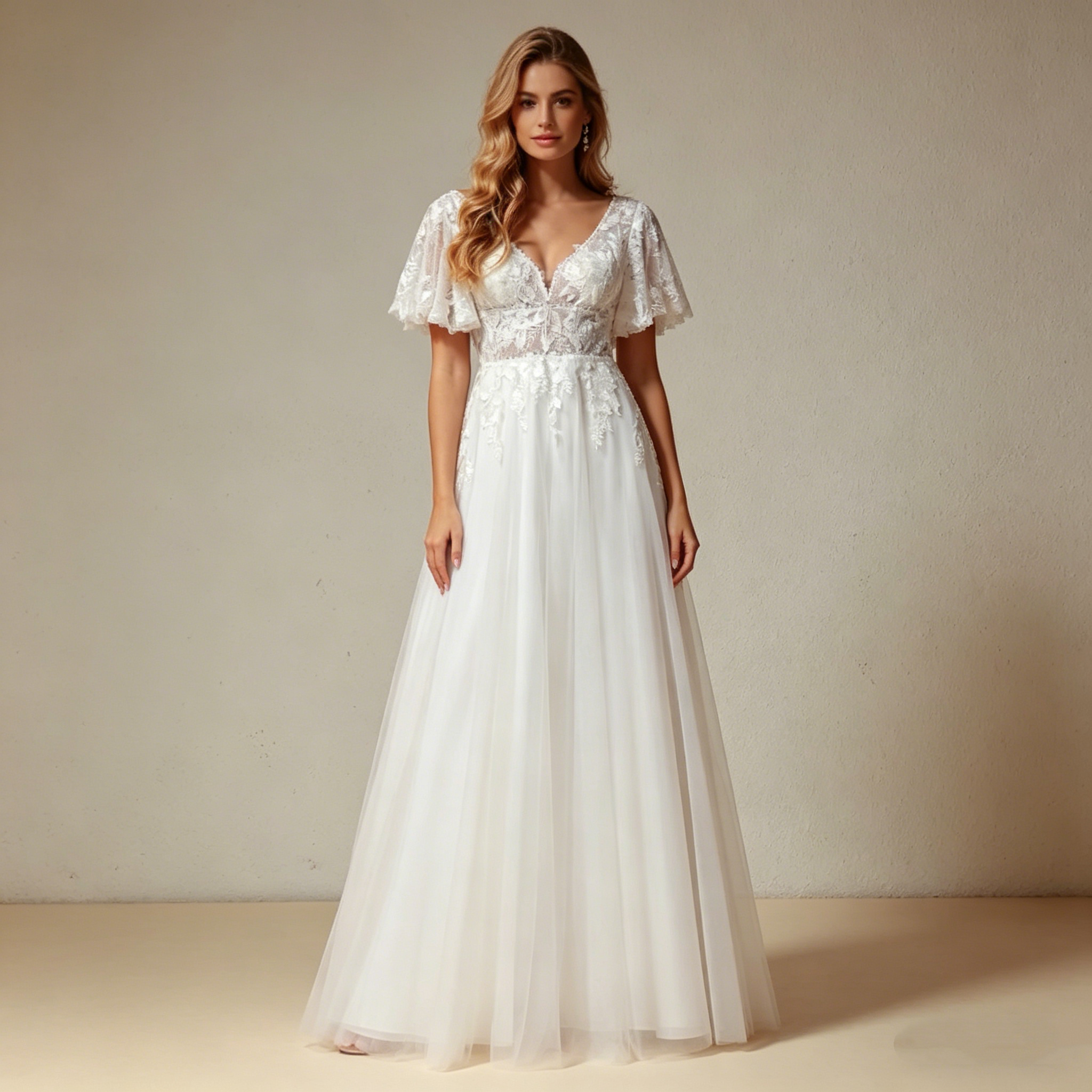 Besticktes A-Linien Maxikleid mit Flügelärmeln – Elegantes Abendkleid in Elfenbein mit V-Ausschnitt