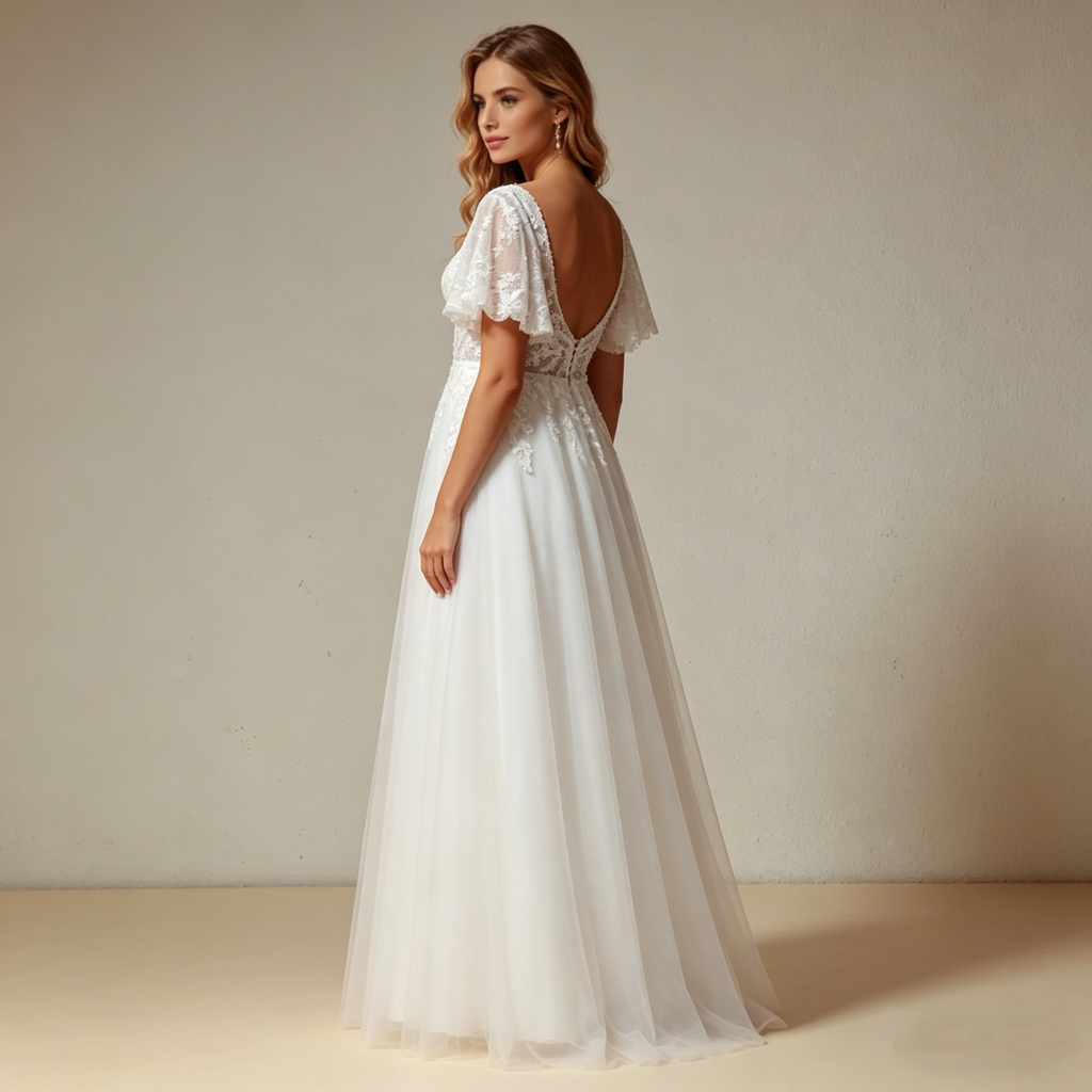 Besticktes A-Linien Maxikleid mit Flügelärmeln – Elegantes Abendkleid in Elfenbein mit V-Ausschnitt