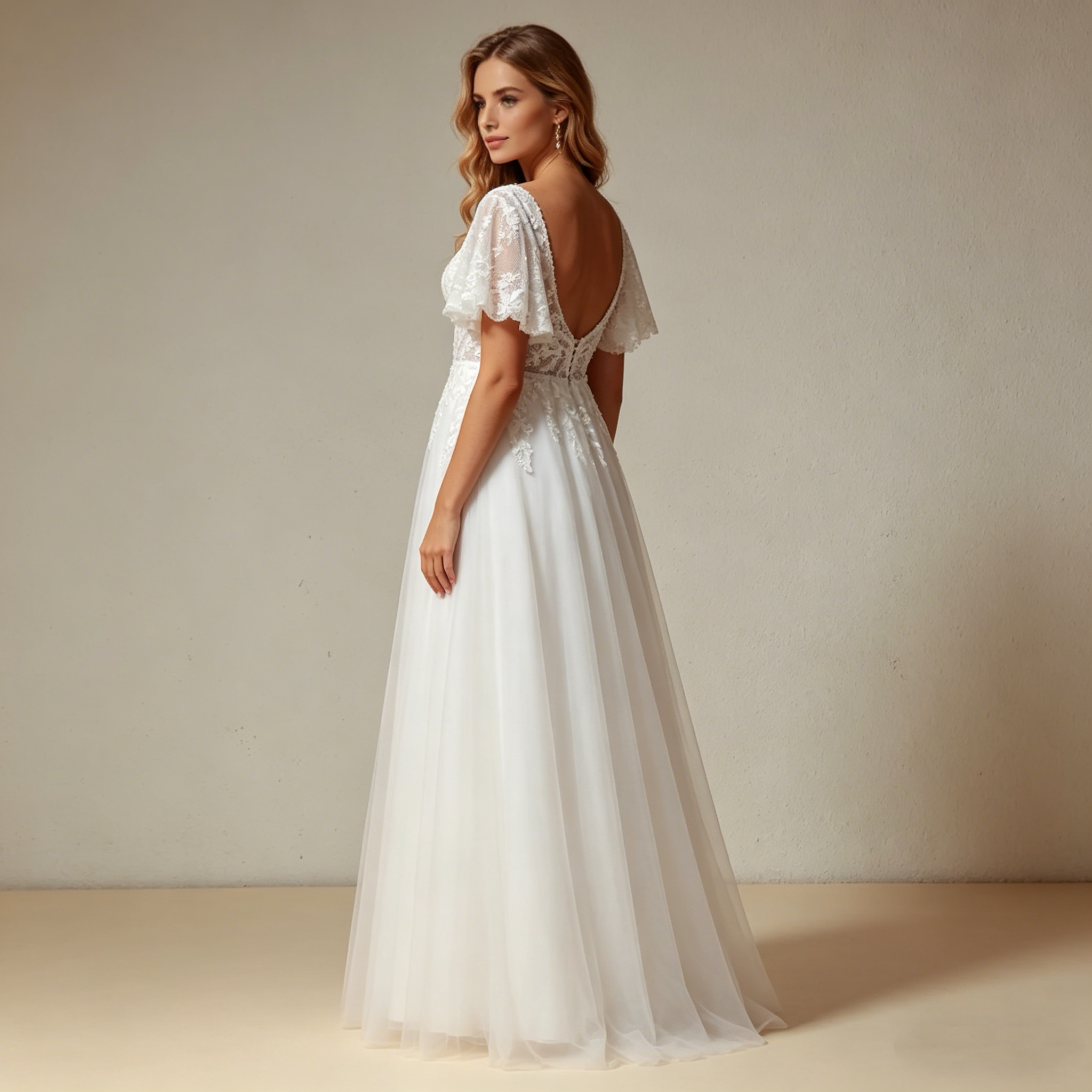Besticktes A-Linien Maxikleid mit Flügelärmeln – Elegantes Abendkleid in Elfenbein mit V-Ausschnitt