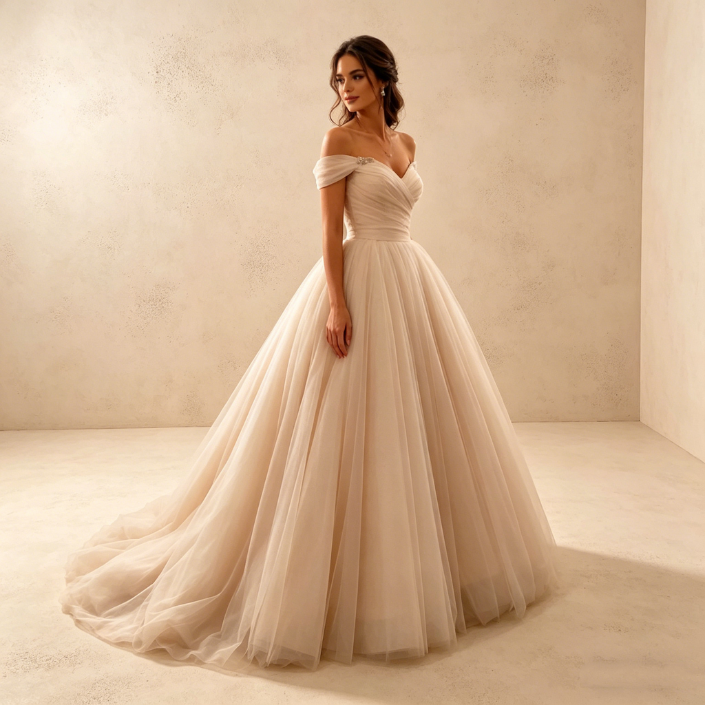Elegantes Off-Shoulder Maxikleid in Elfenbein – Bodenlanges Abendkleid aus feinstem Tüll mit Herzausschnitt