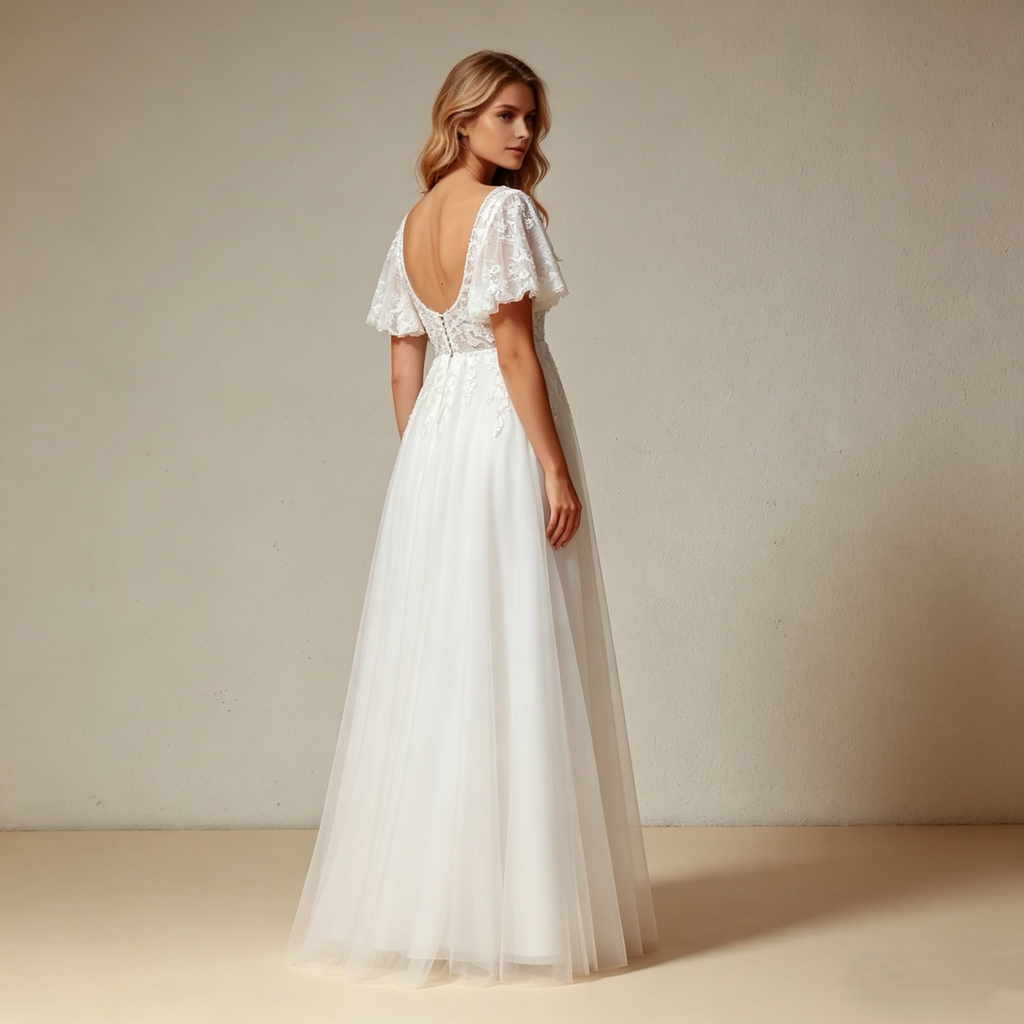 Besticktes A-Linien Maxikleid mit Flügelärmeln – Elegantes Abendkleid in Elfenbein mit V-Ausschnitt