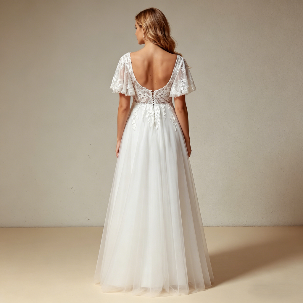 Besticktes A-Linien Maxikleid mit Flügelärmeln – Elegantes Abendkleid in Elfenbein mit V-Ausschnitt