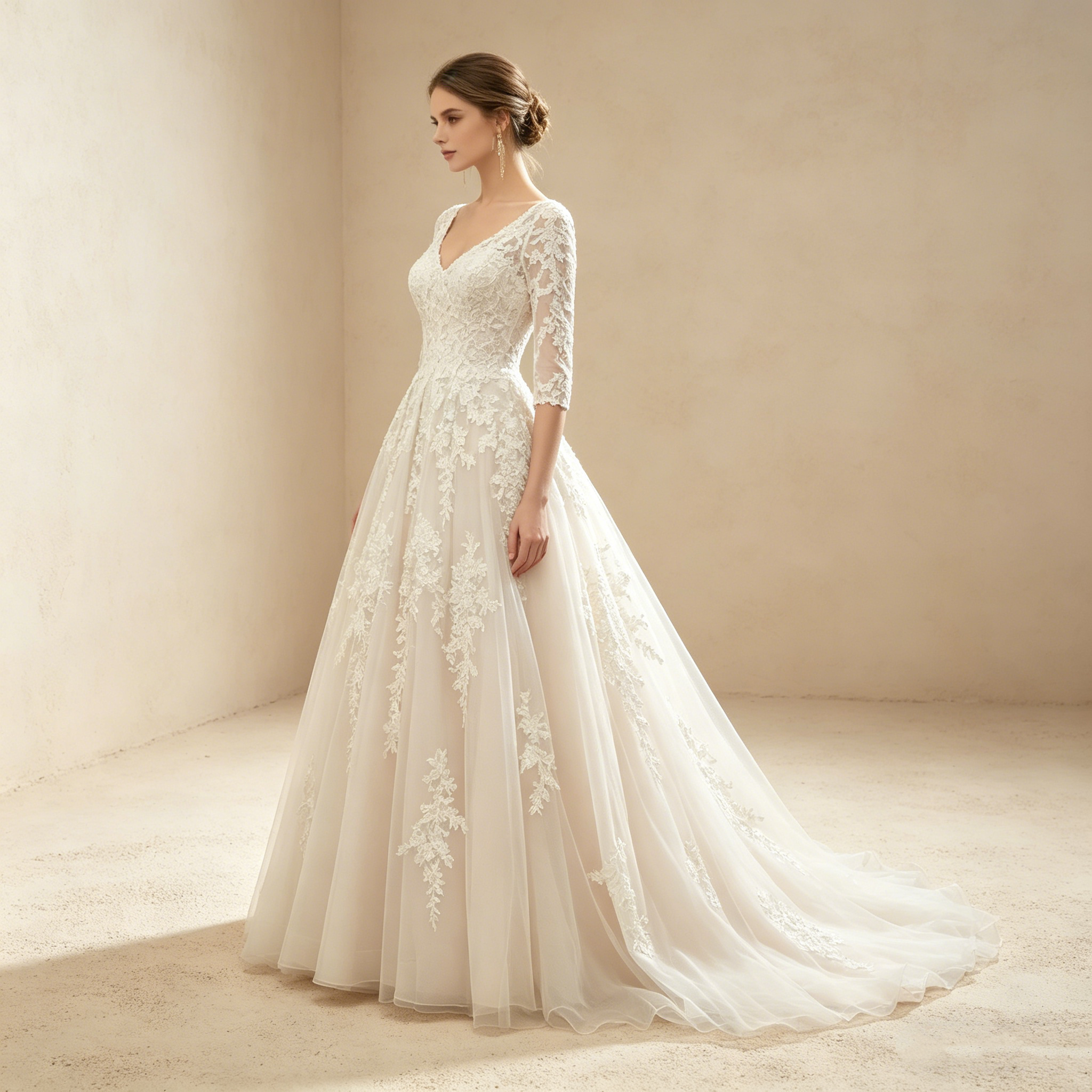 Exquisites Besticktes Maxikleid mit 3/4-Ärmeln – Bodenlanges Abendkleid in Elfenbein mit V-Ausschnitt und Tüllrock