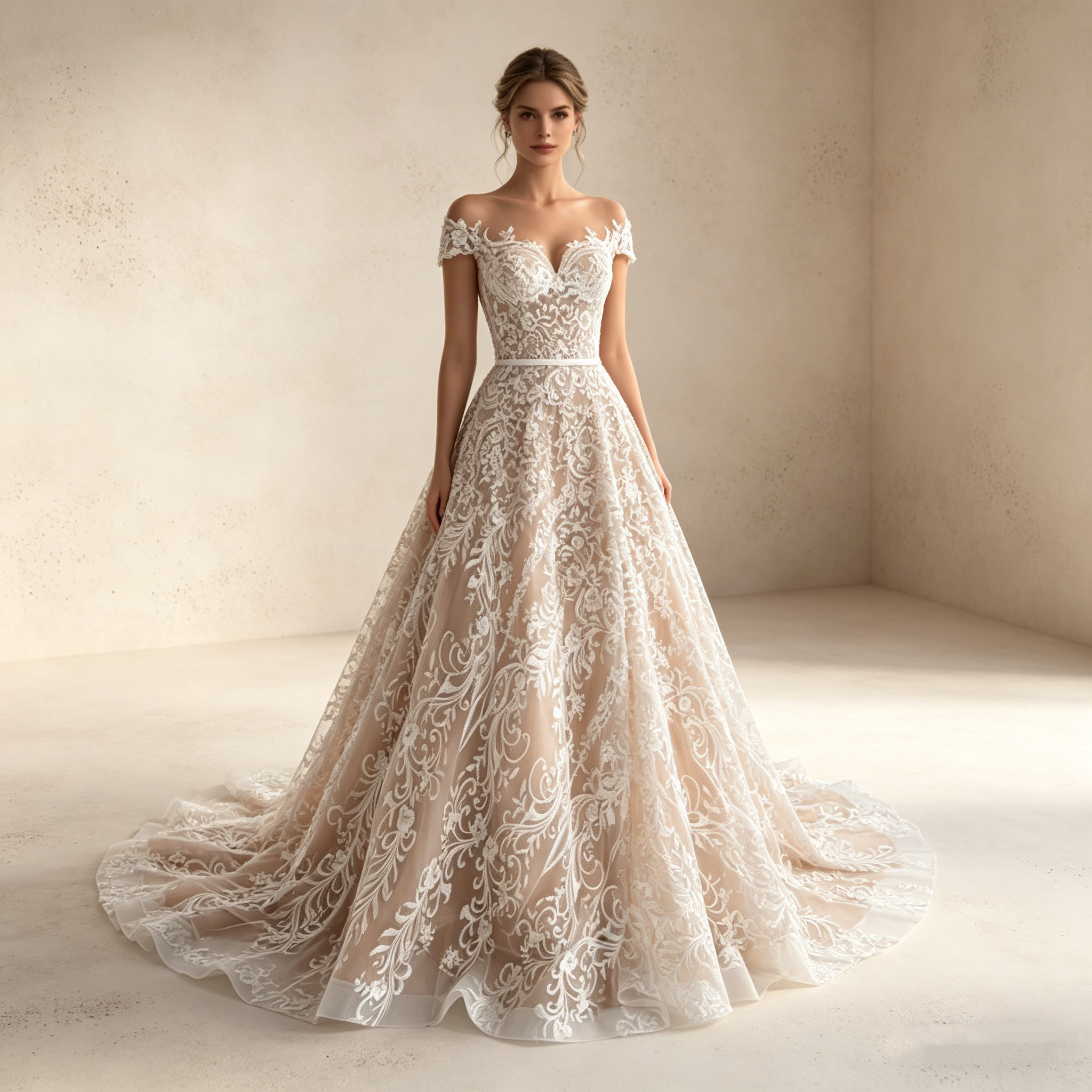 Exquisites Besticktes Maxikleid in Elfenbein – Off-Shoulder Abendkleid mit Filigraner Spitze und A-Linien-Silhouette