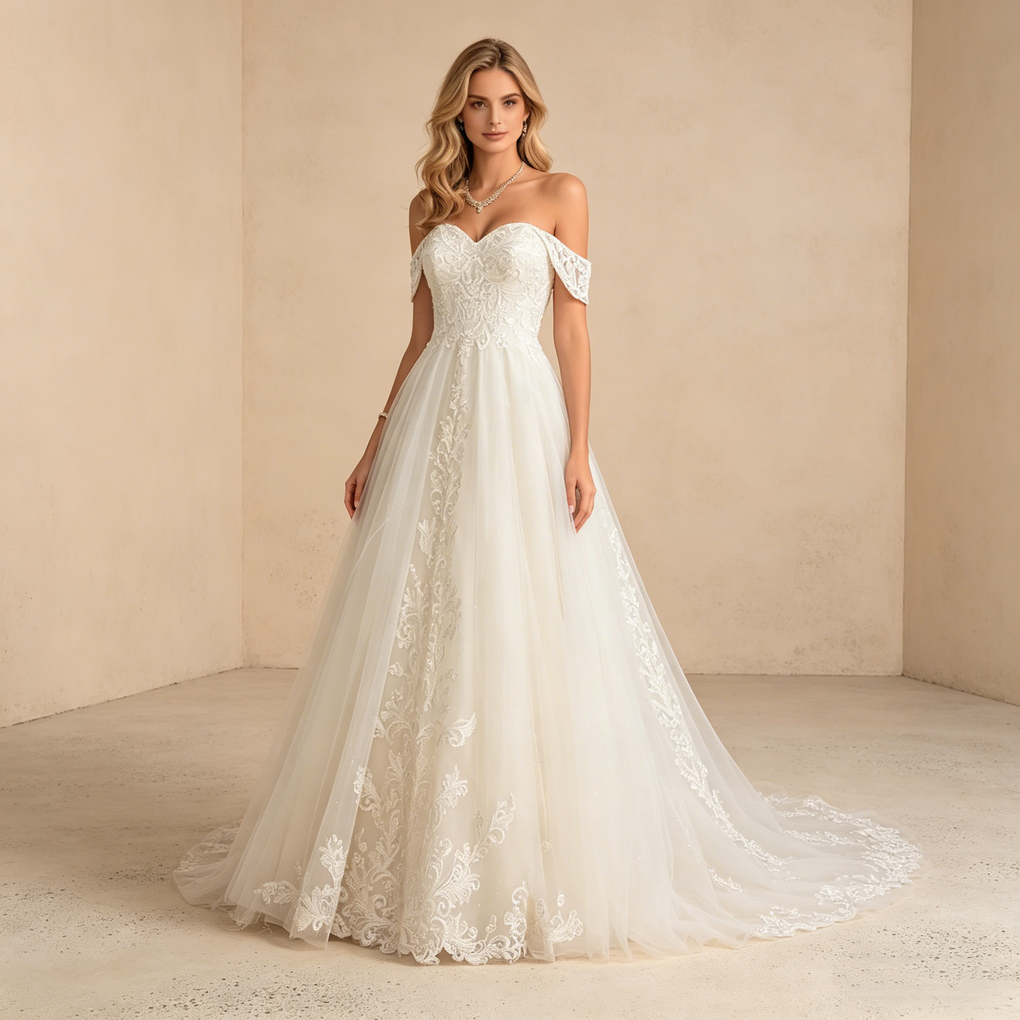Exquisites Off-Shoulder Maxikleid in Elfenbein – Bodenlanges Abendkleid mit Filigraner Spitzenbestickung und Tüllrock