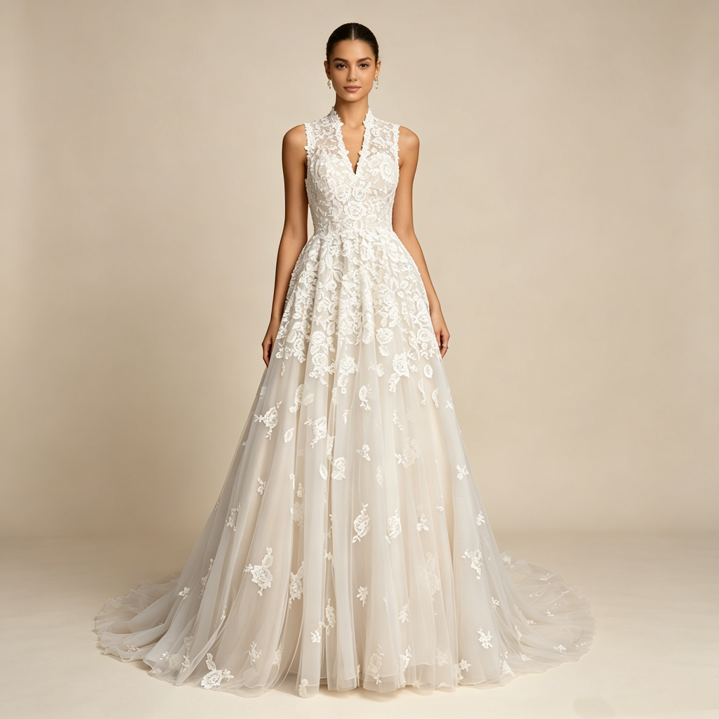 Elegantes A-Linien Abendkleid mit Stehkragen und Spitze | Bodenlanges Maxikleid Ärmellos