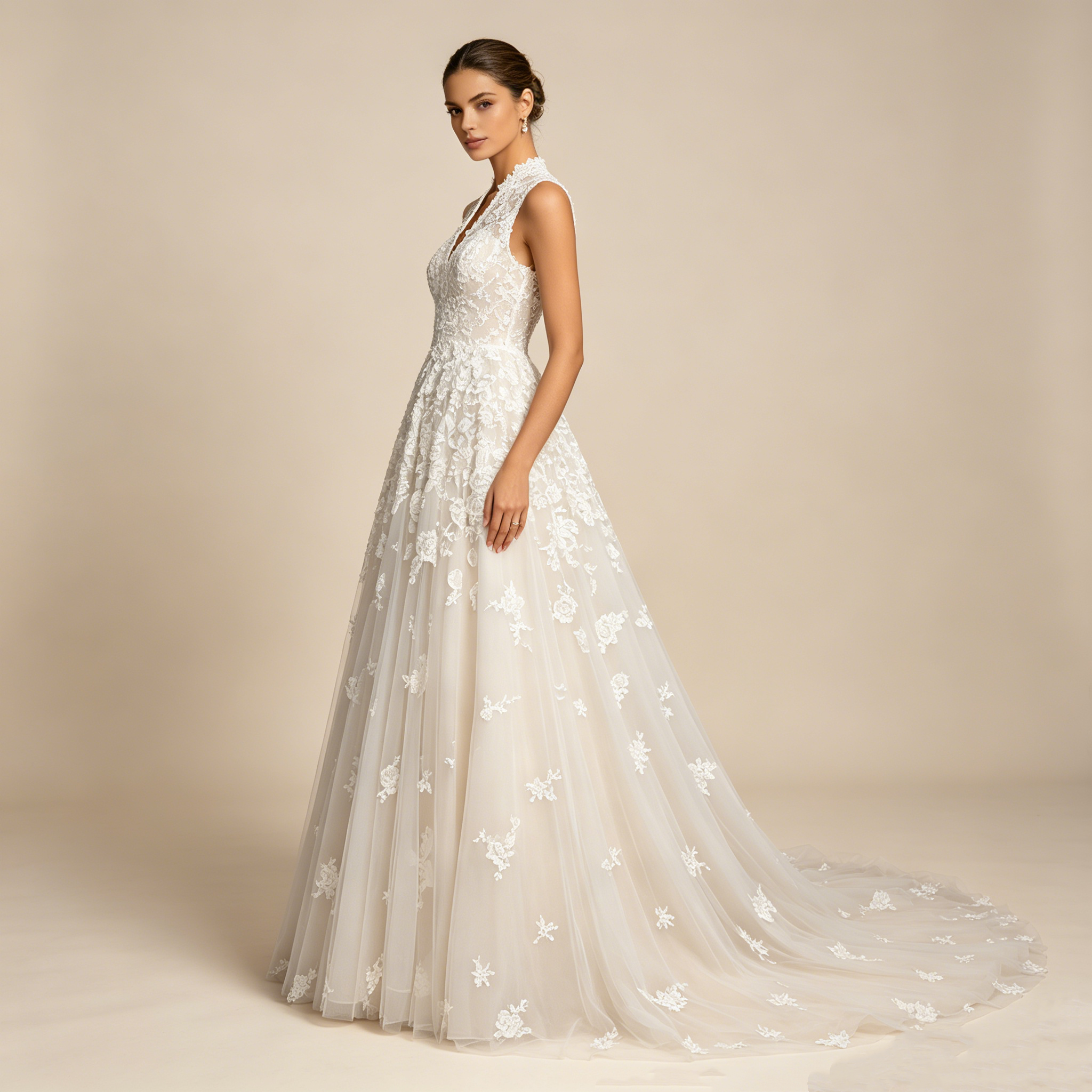 Elegantes A-Linien Abendkleid mit Stehkragen und Spitze | Bodenlanges Maxikleid Ärmellos