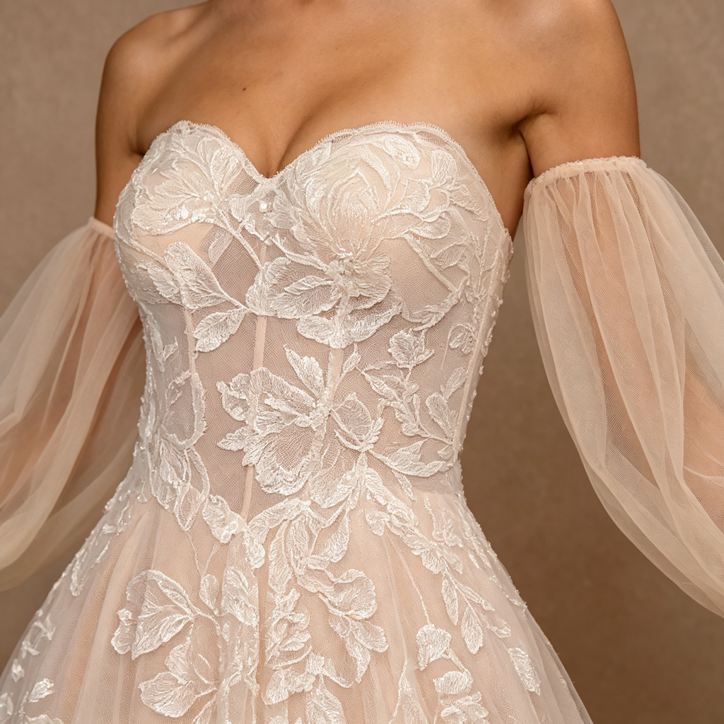Exklusives trägerloses Maxikleid mit langen Volantärmeln | Elegantes Abendkleid mit Blumenstickerei