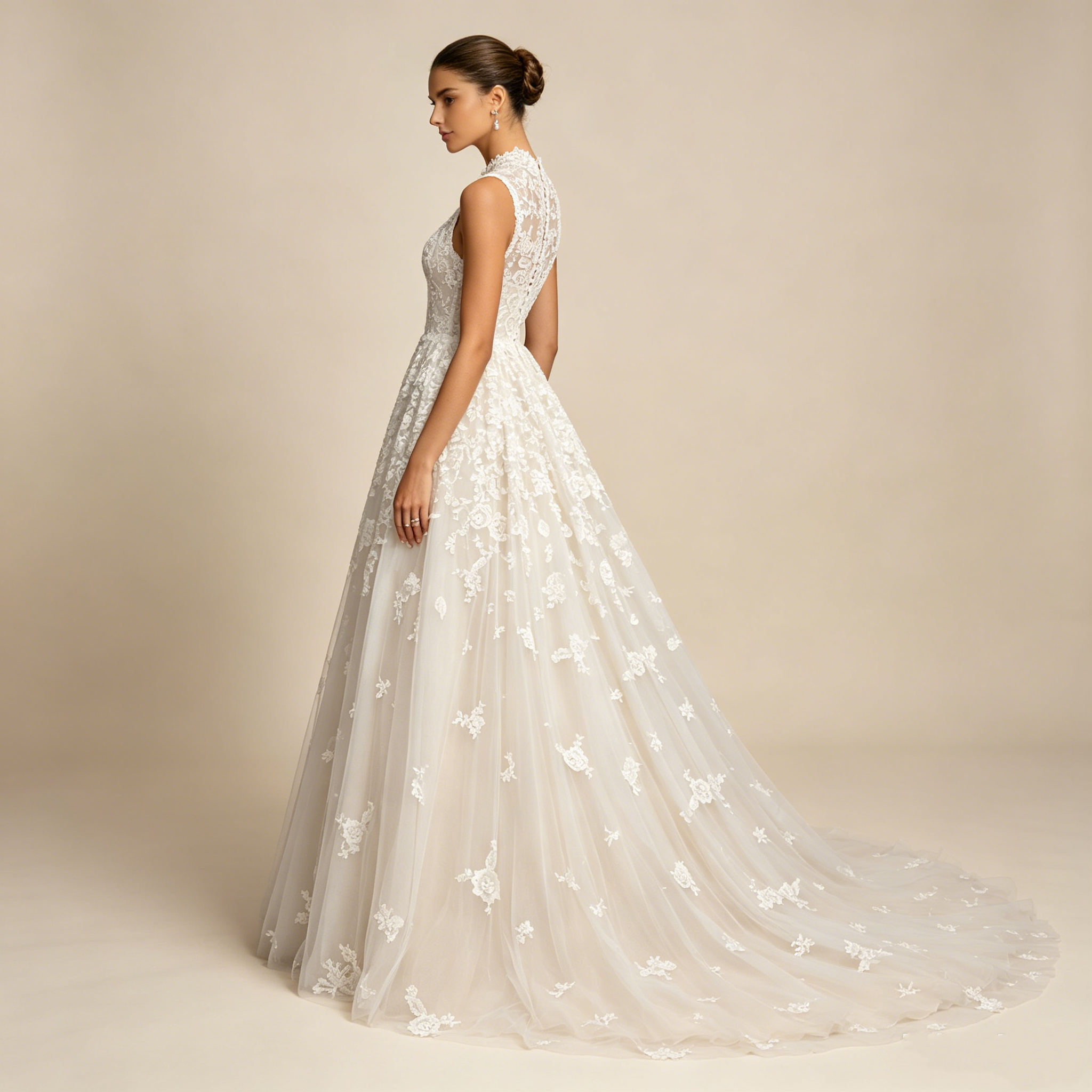 Elegantes A-Linien Abendkleid mit Stehkragen und Spitze | Bodenlanges Maxikleid Ärmellos