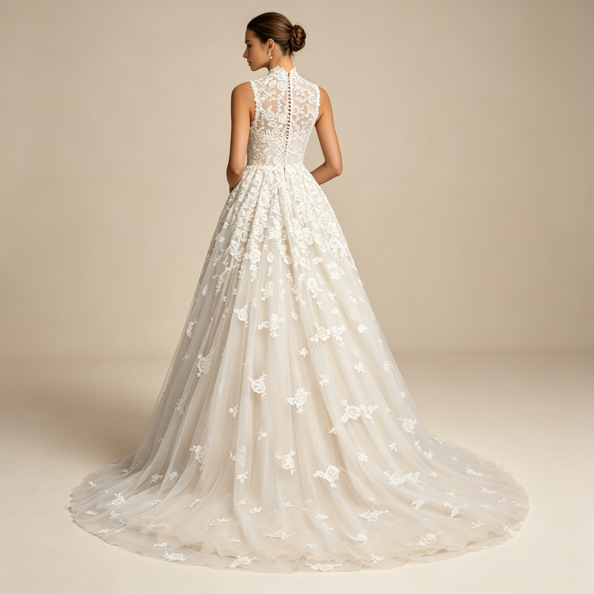 Elegantes A-Linien Abendkleid mit Stehkragen und Spitze | Bodenlanges Maxikleid Ärmellos