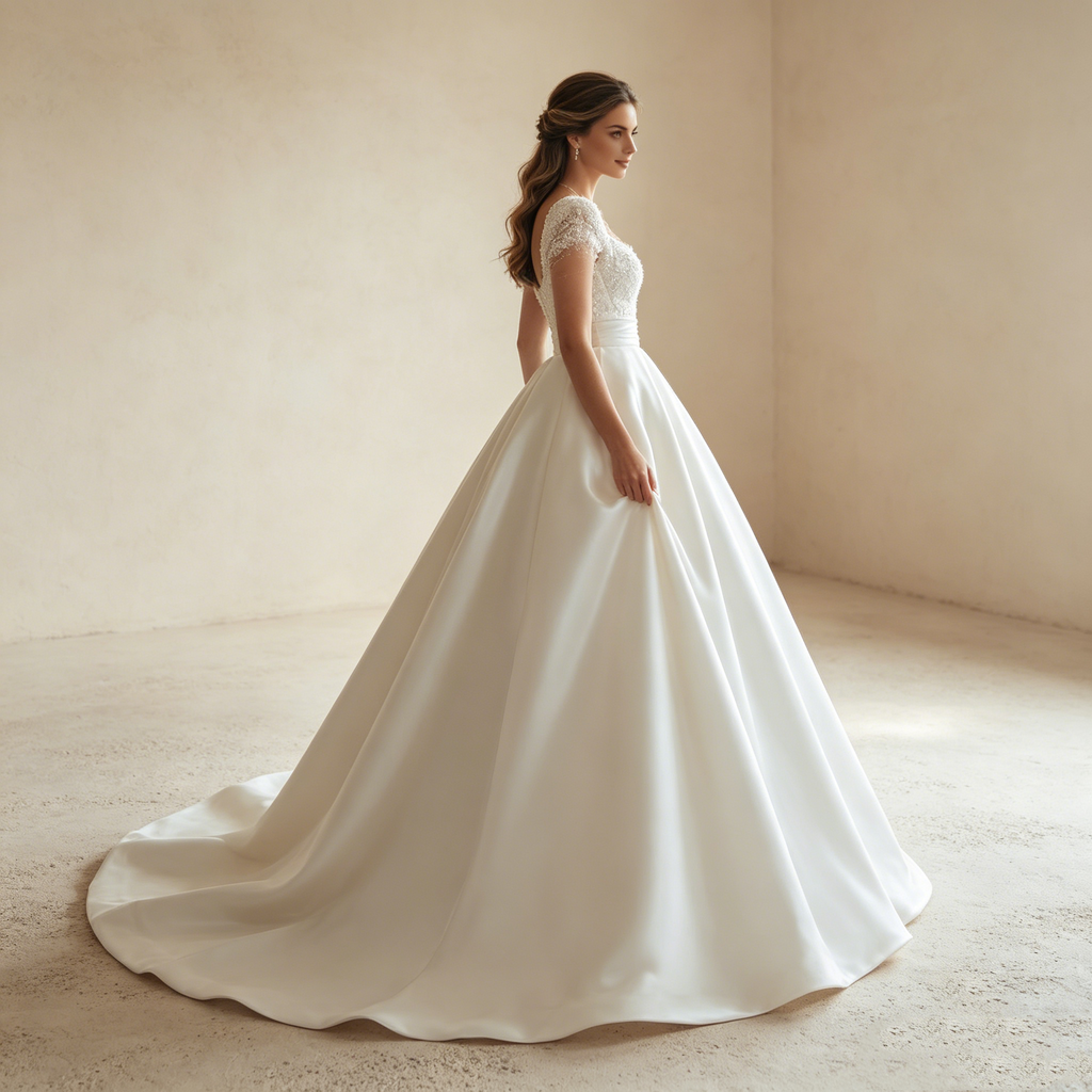 Voluminöse Satin-Ballrobe mit eleganten Ärmeln und skulpturalem Glanz