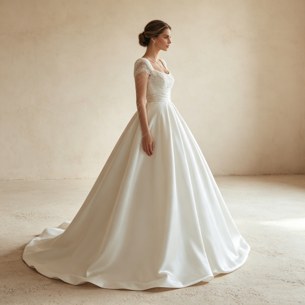 Voluminöse Satin-Ballrobe mit eleganten Ärmeln und skulpturalem Glanz