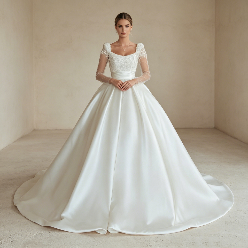 Voluminöse Satin-Ballrobe mit eleganten Ärmeln und skulpturalem Glanz